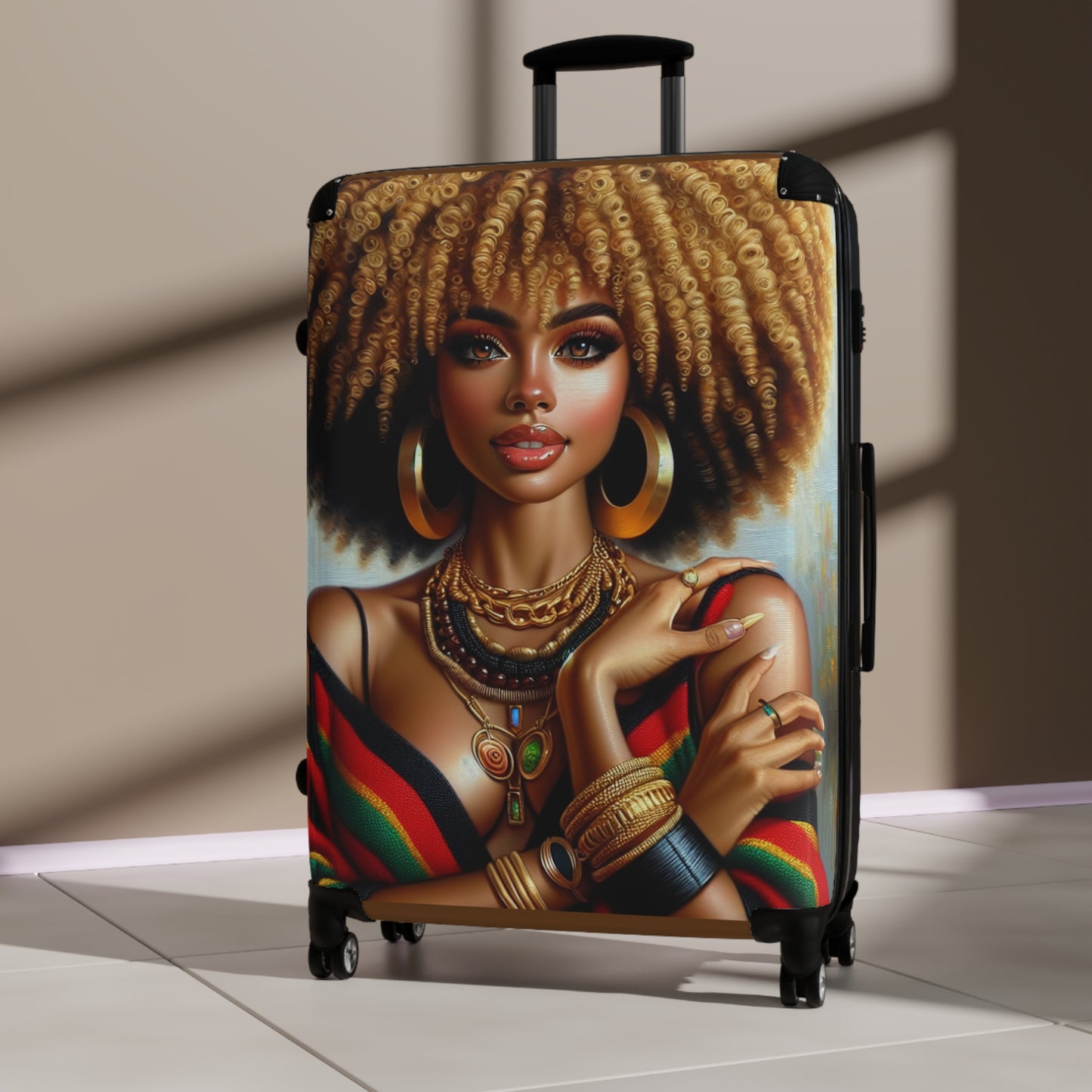 Artistic Travel Suitcase - Afro Woman Design for Adventurers, Beautiful Afrocentric Suitcase for Women, Uniquely Covered Suitcase