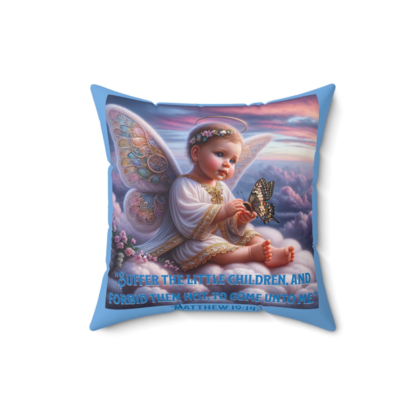 Inspirational Baby Angel Pillow, 'Suffer the Little Children' Matthew 19:14, Baby Shower Gift for Infant Boy and Girl, Baby Blue Pillow for a Gift