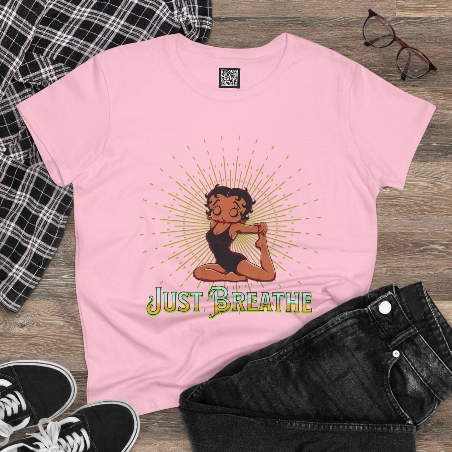 Just Breathe Betty Boop Women's Yoga Tee - Midweight Cotton Shirt for Relaxation and Mindfulness, Betty Boop Just Breathe T-Shirts