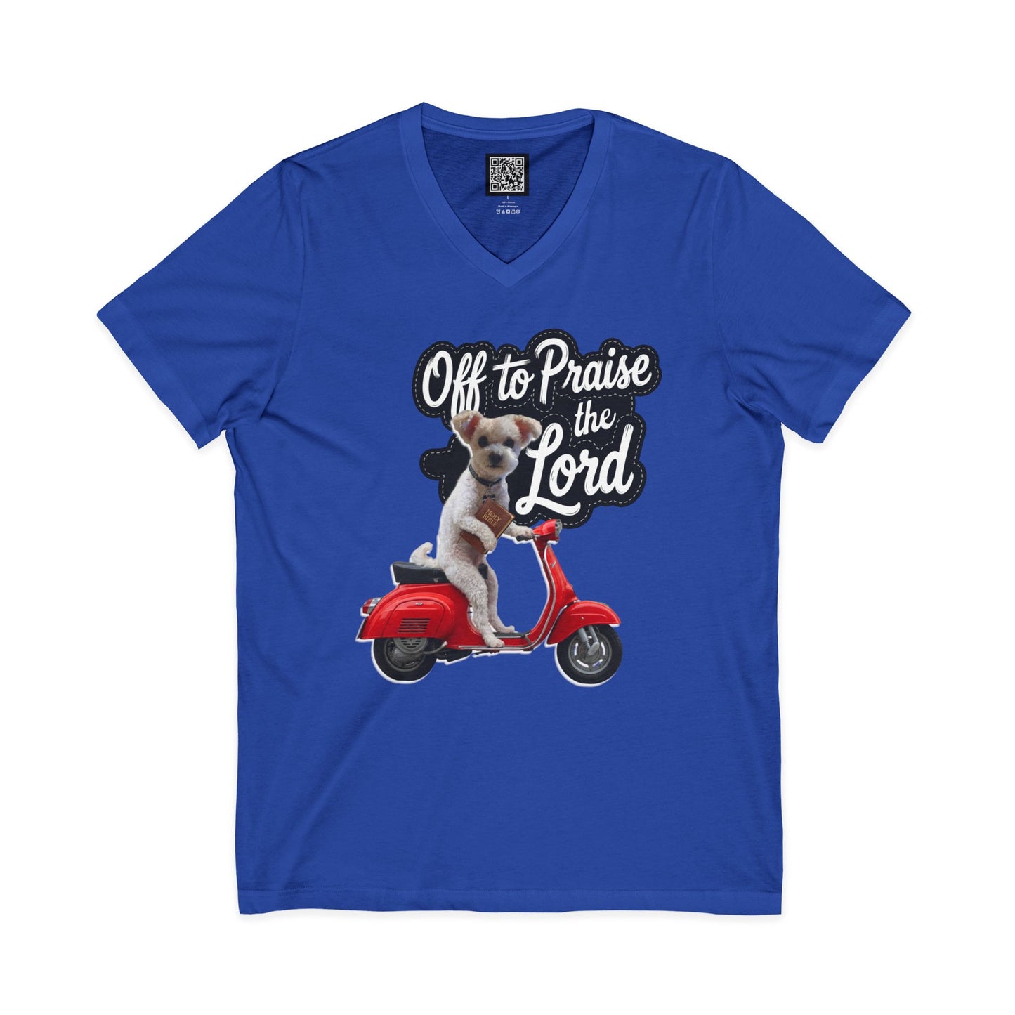 Personalized Dog on Scooter V-Neck Tee - "Off to Praise the Lord"
