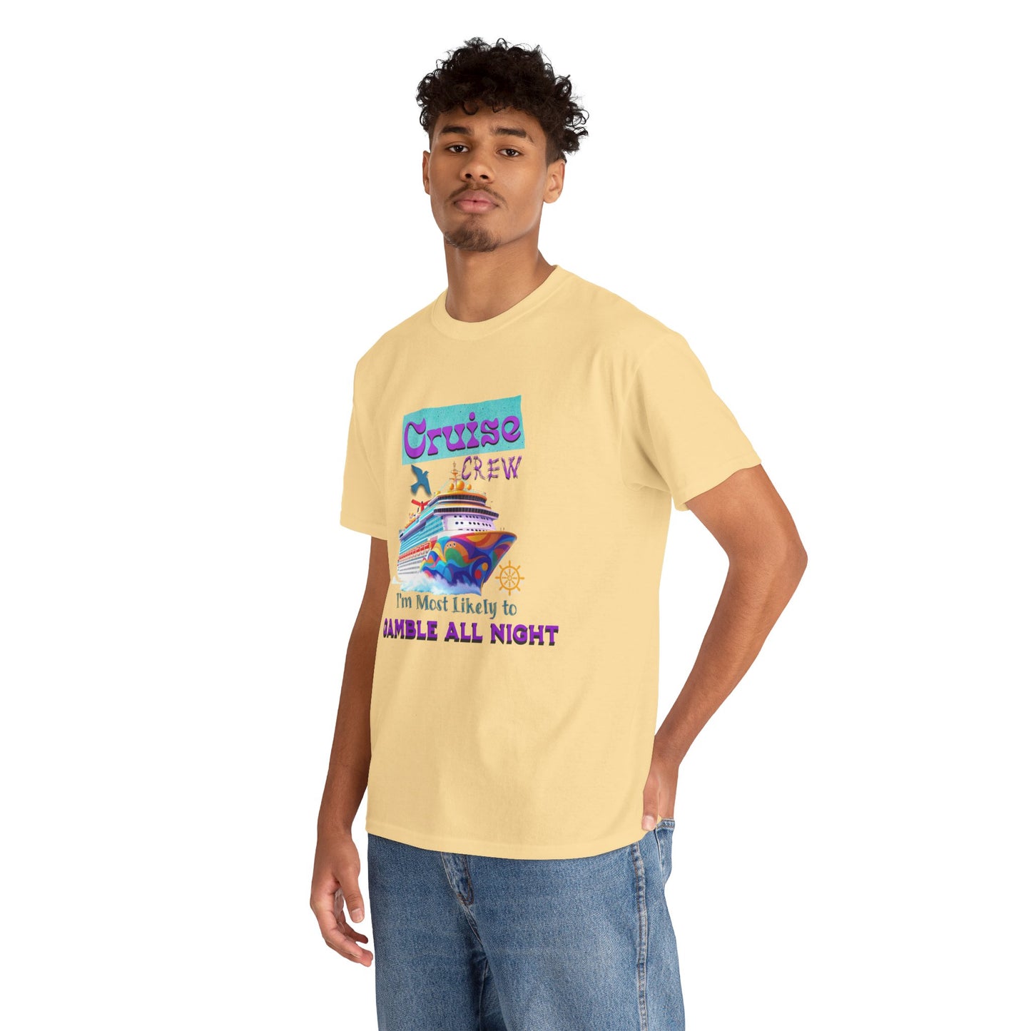 Cruise Crew Heavy Cotton Tee - Gamble All Night, Vacation Shirt, Cruise Wear, Fun Travel Outfit, Summer Party Top, Gambler's T-Shirt