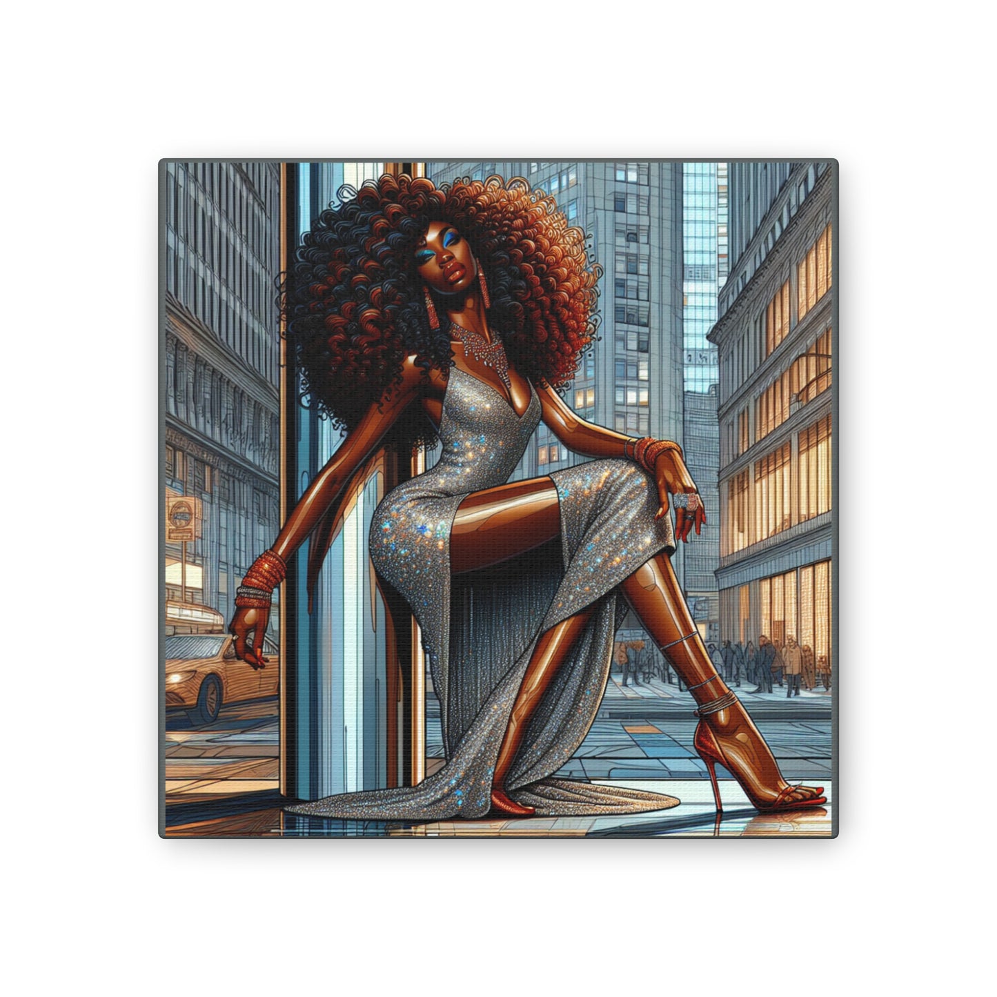 Chic Urban Canvas Art - Glamorous Fashionista Wall Decor, Black Art Collection, Beautiful Black Woman Posing Silver and Gray Canvas Art