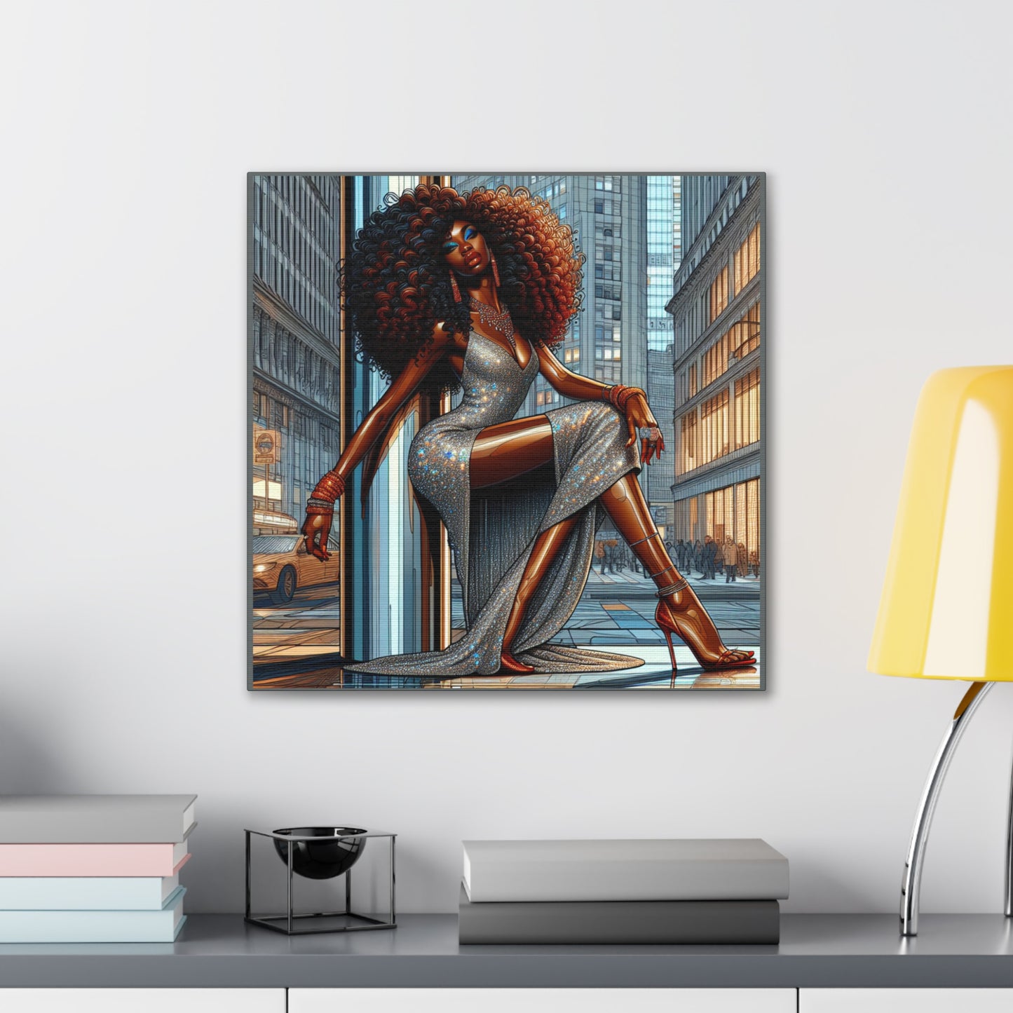 Chic Urban Canvas Art - Glamorous Fashionista Wall Decor, Black Art Collection, Beautiful Black Woman Posing Silver and Gray Canvas Art