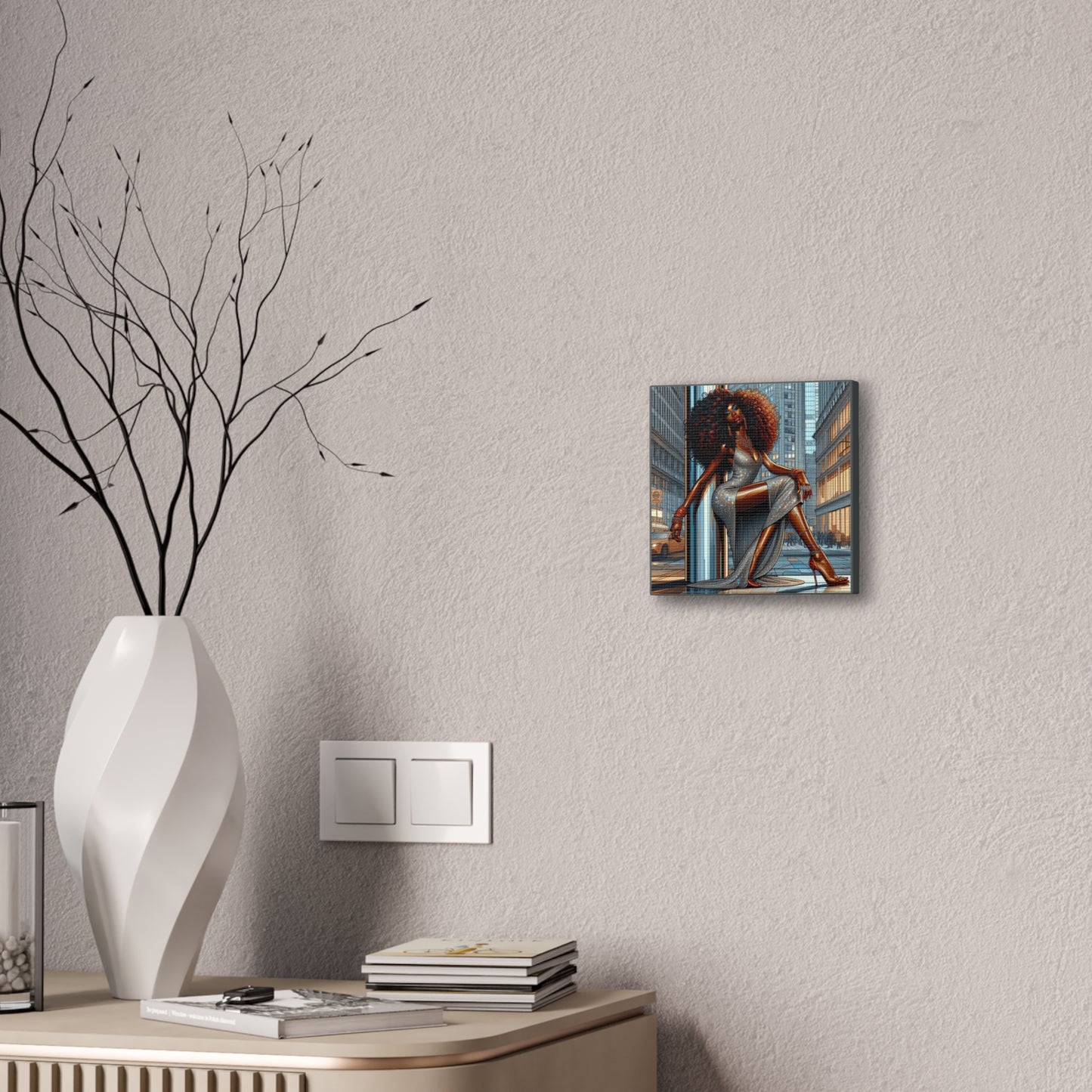 Chic Urban Canvas Art - Glamorous Fashionista Wall Decor, Black Art Collection, Beautiful Black Woman Posing Silver and Gray Canvas Art