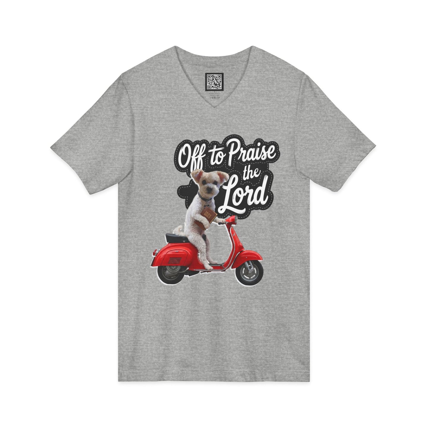 Personalized Dog on Scooter V-Neck Tee - "Off to Praise the Lord"