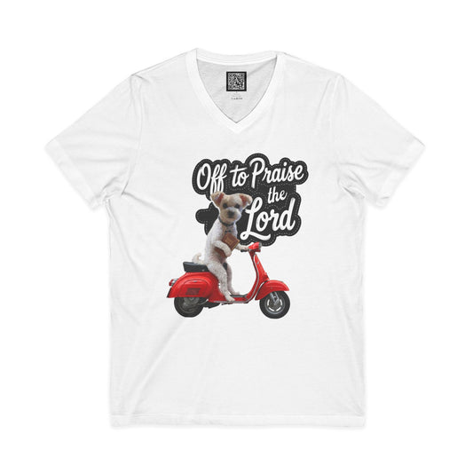 Personalized Dog on Scooter V-Neck Tee - "Off to Praise the Lord"