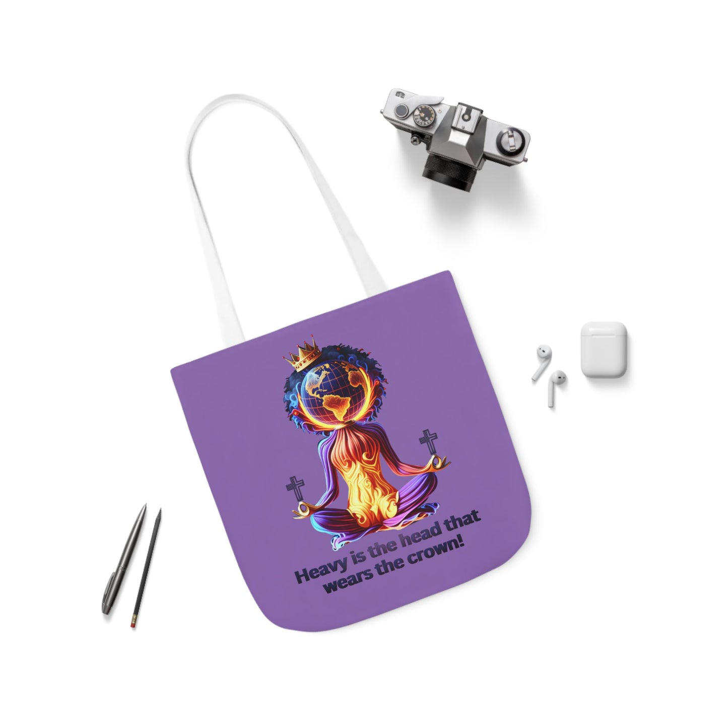 "Heavy is the Head" Canvas Tote Bag, 5-Color Straps, Purple Tote Bag for Women, Purple Inspirational Tote Bag for Women, Tote Bag Gift for Women