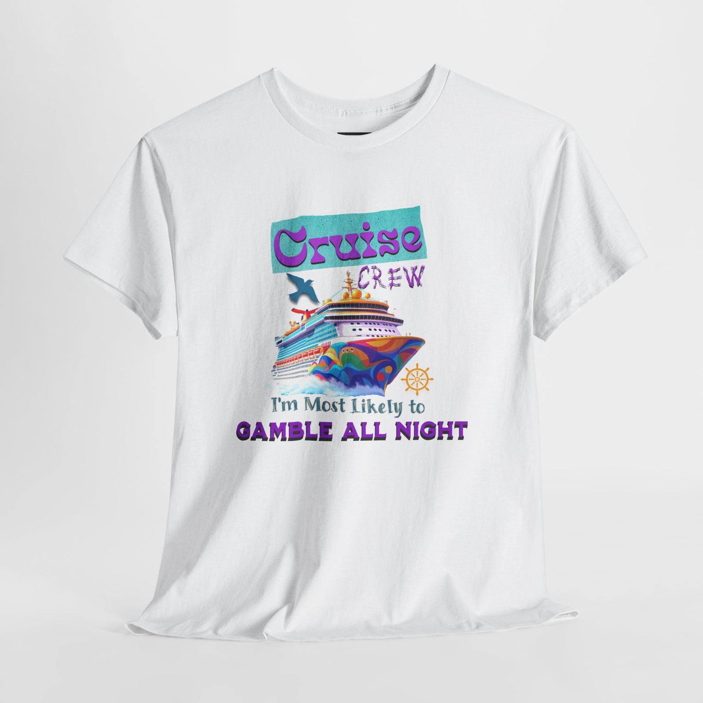 Cruise Crew Heavy Cotton Tee - Gamble All Night, Vacation Shirt, Cruise Wear, Fun Travel Outfit, Summer Party Top, Gambler's T-Shirt