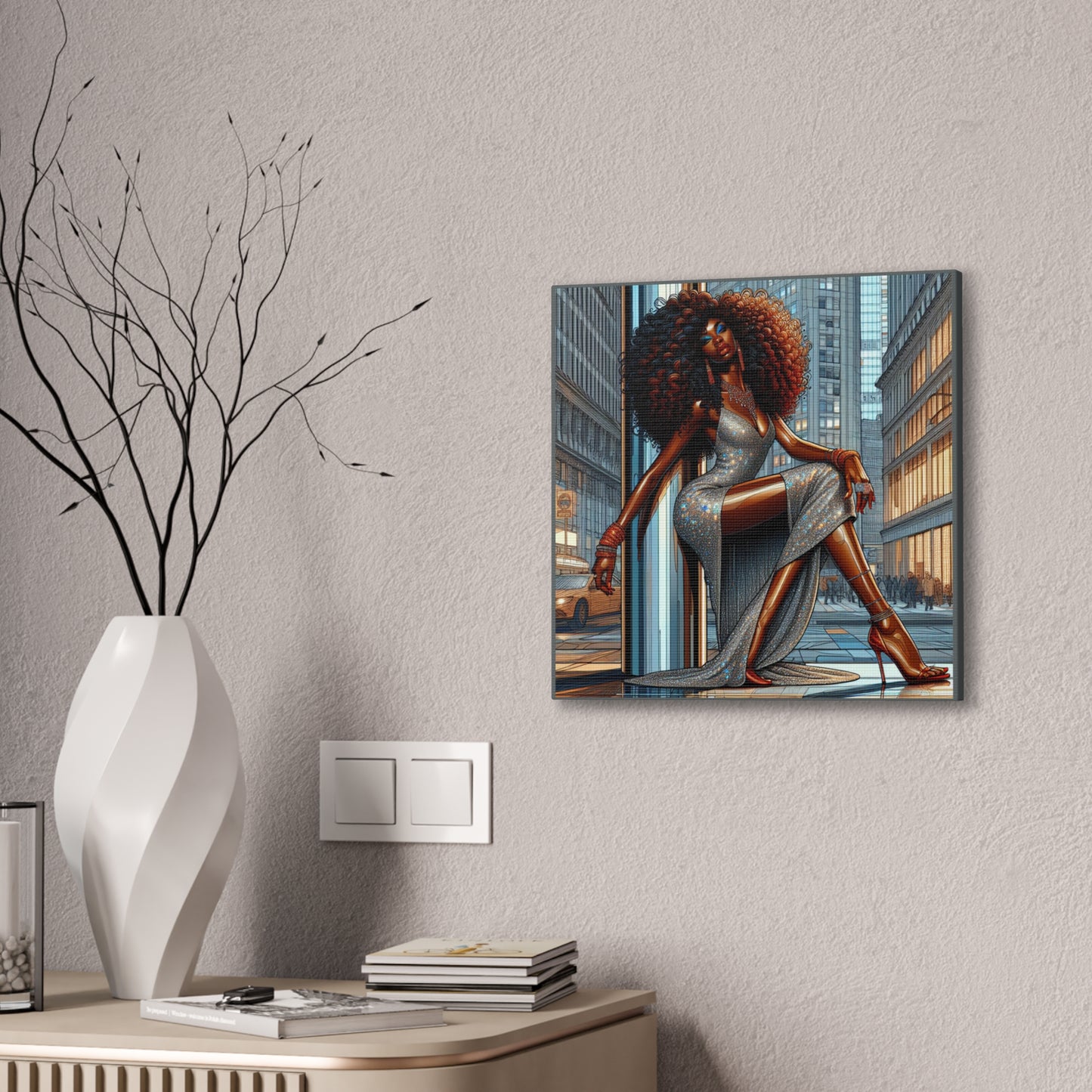 Chic Urban Canvas Art - Glamorous Fashionista Wall Decor, Black Art Collection, Beautiful Black Woman Posing Silver and Gray Canvas Art
