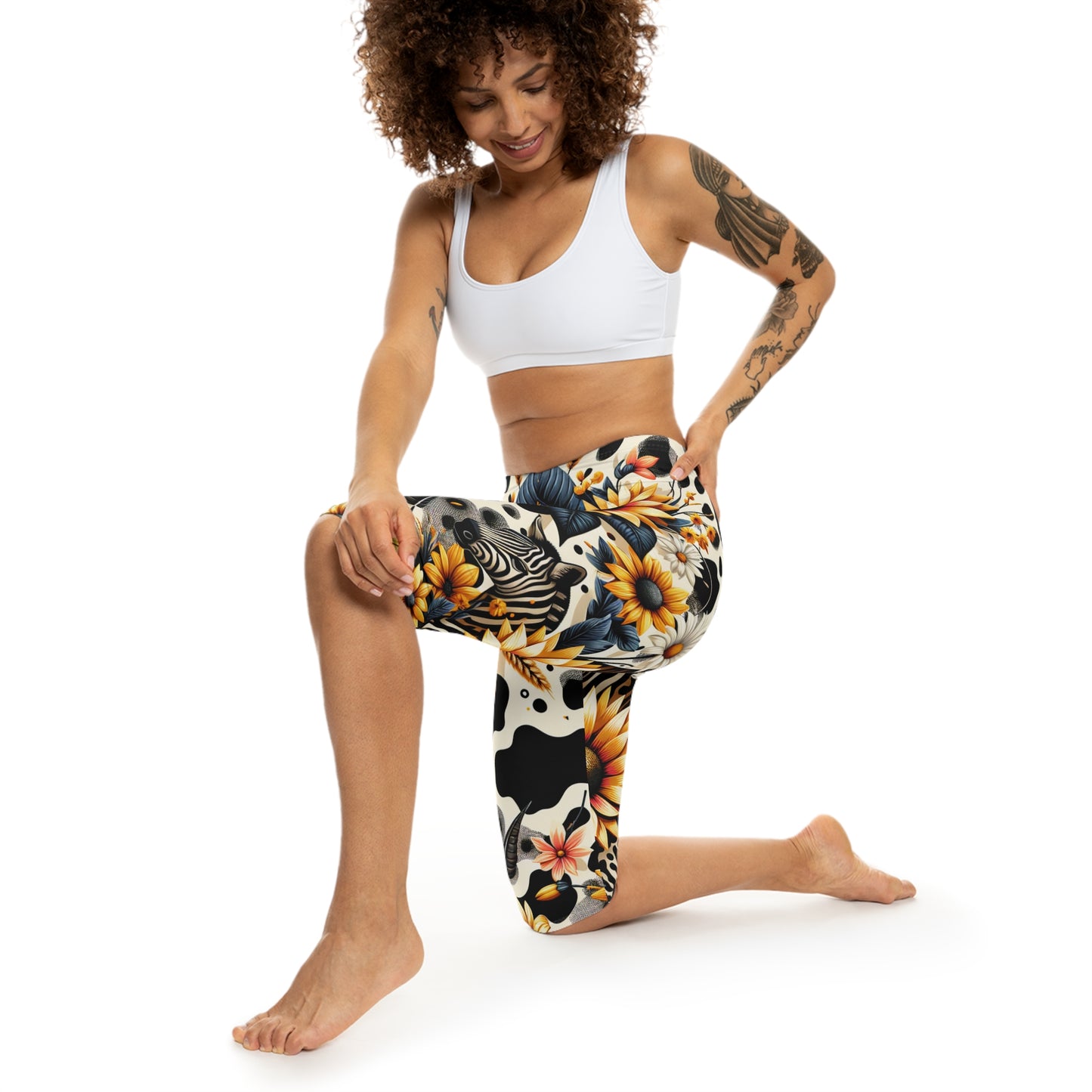 Vibrant Floral Zebra Animal Print Capri Leggings for Women, Stylish Workout Pants, Activewear for Women, Summer Animal Print Yoga Leggings