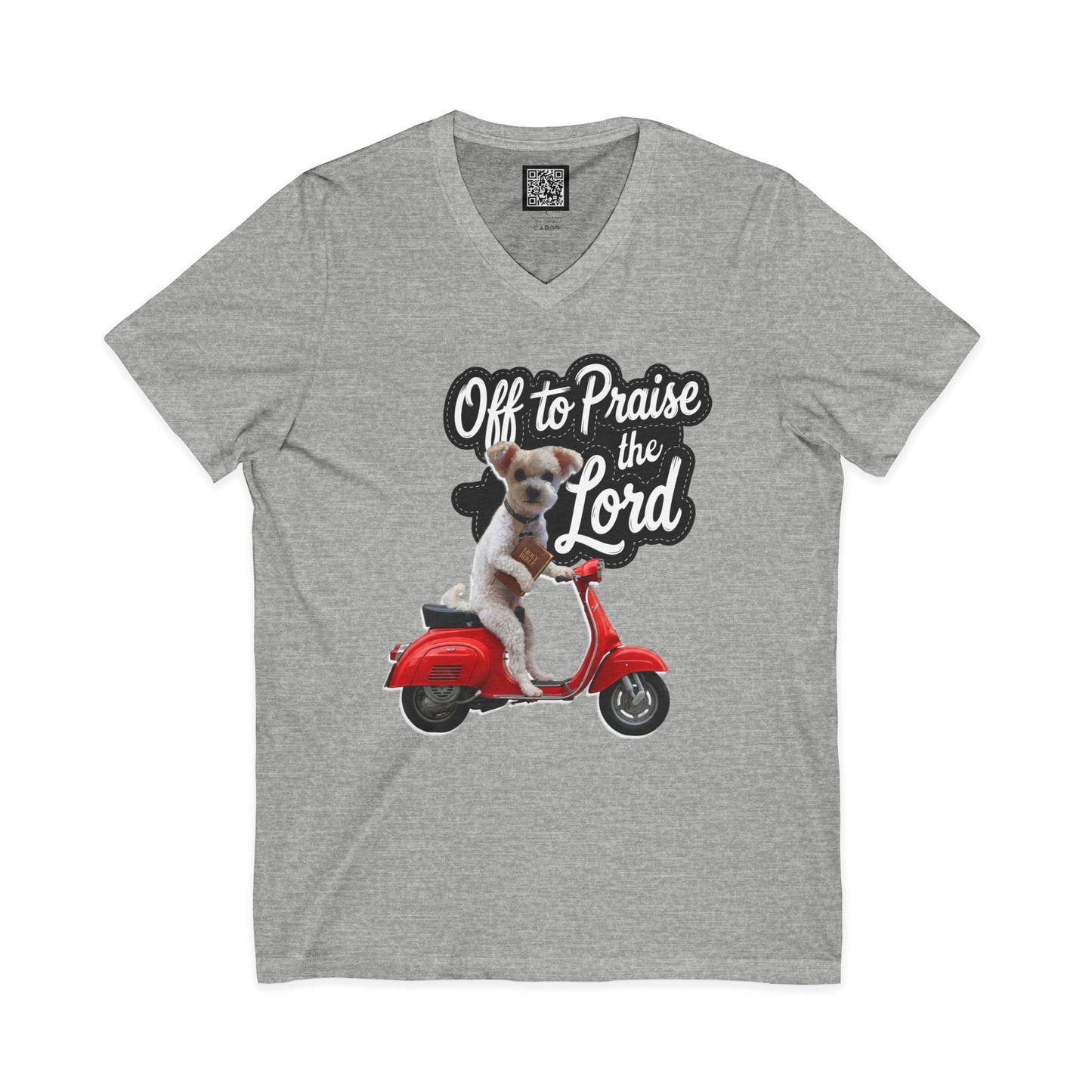 Personalized Dog on Scooter V-Neck Tee - "Off to Praise the Lord"