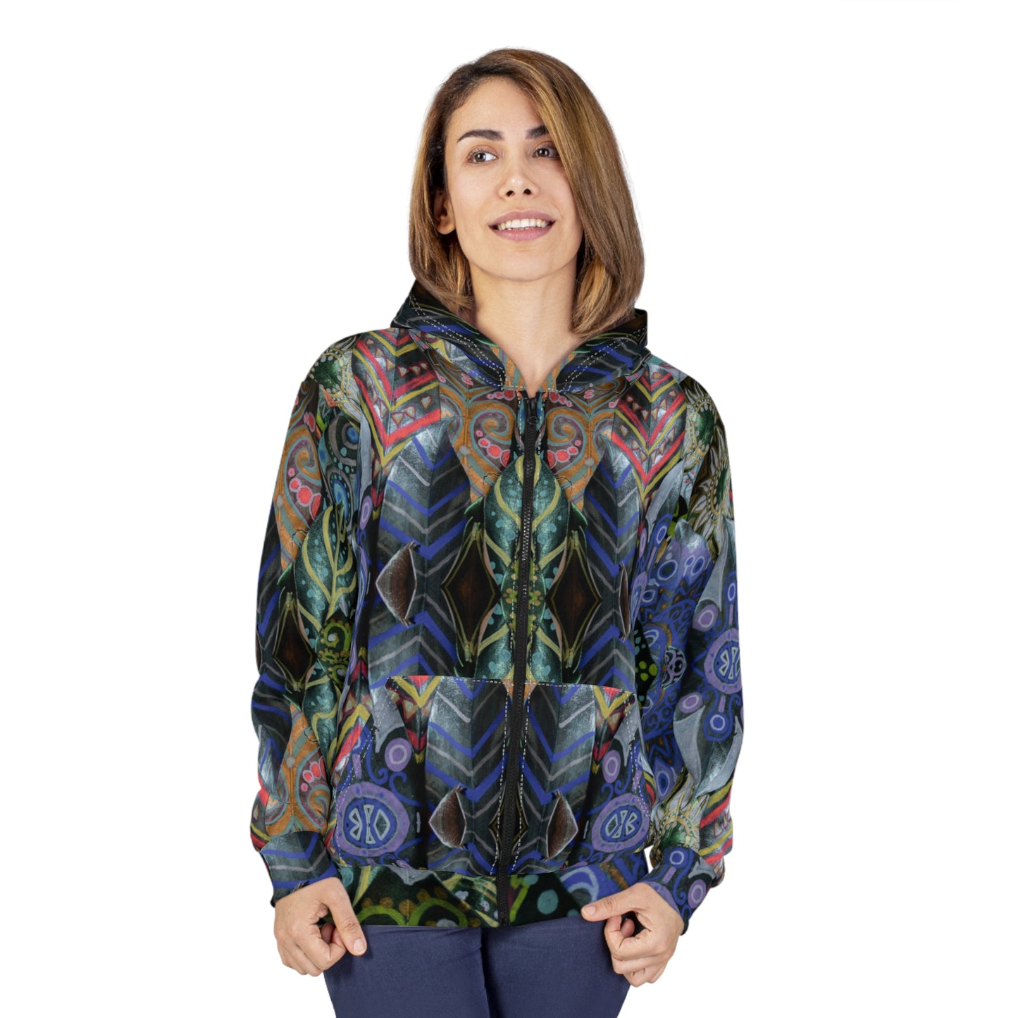 Psychedelic Floral Pattern Zip Hoodie — Bohemian Kaleidoscope Hoodie