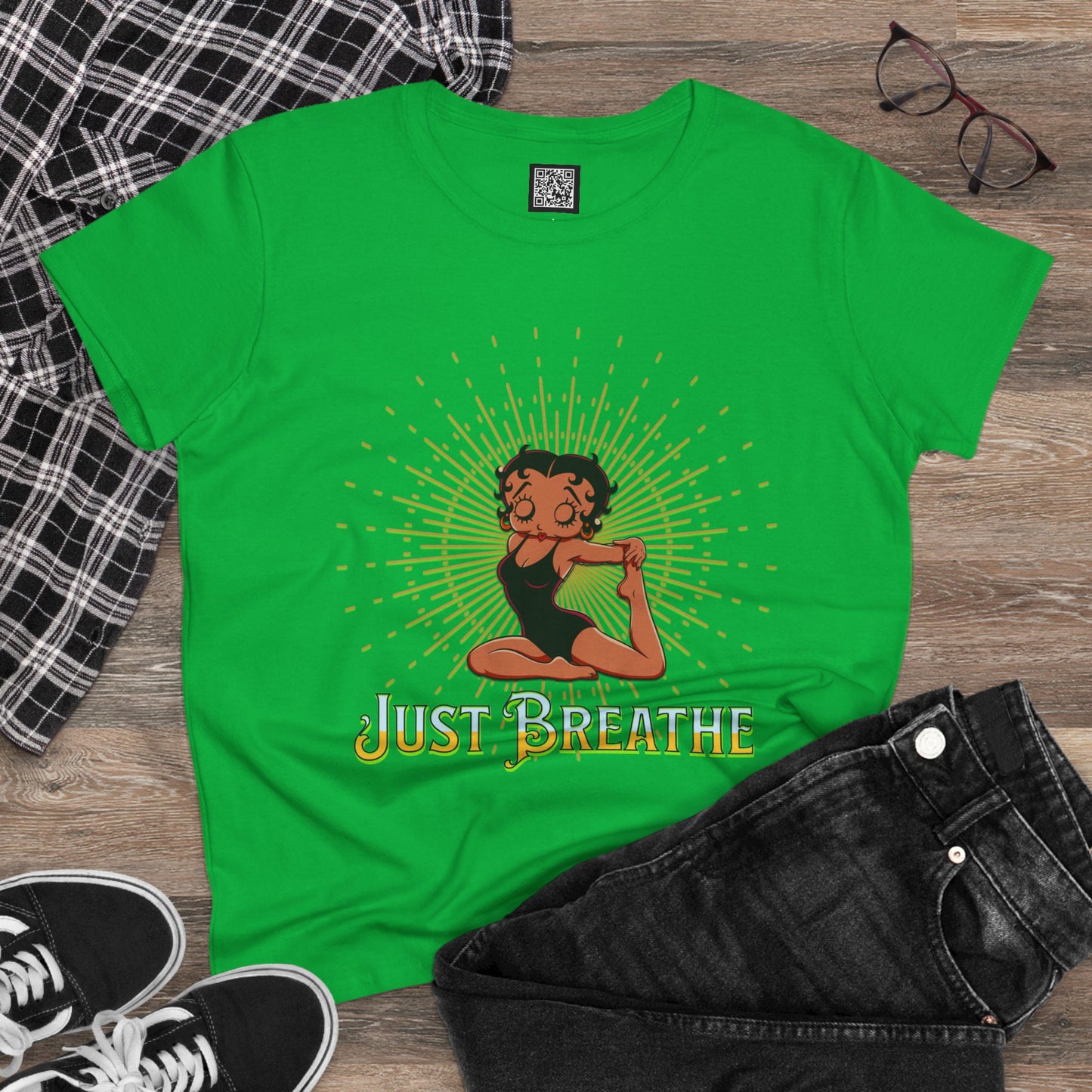 Just Breathe Betty Boop Women's Yoga Tee - Midweight Cotton Shirt for Relaxation and Mindfulness, Betty Boop Just Breathe T-Shirts