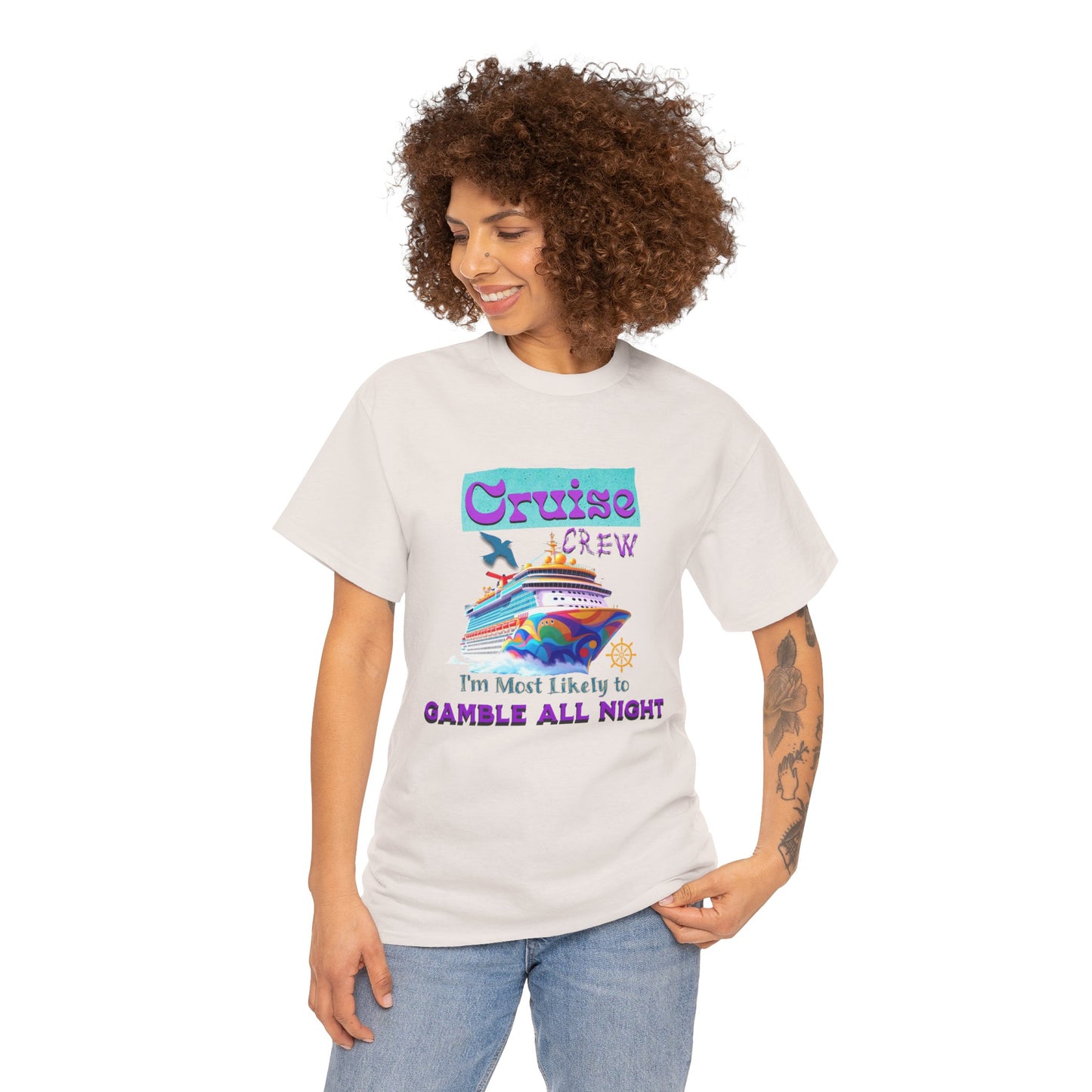 Cruise Crew Heavy Cotton Tee - Gamble All Night, Vacation Shirt, Cruise Wear, Fun Travel Outfit, Summer Party Top, Gambler's T-Shirt