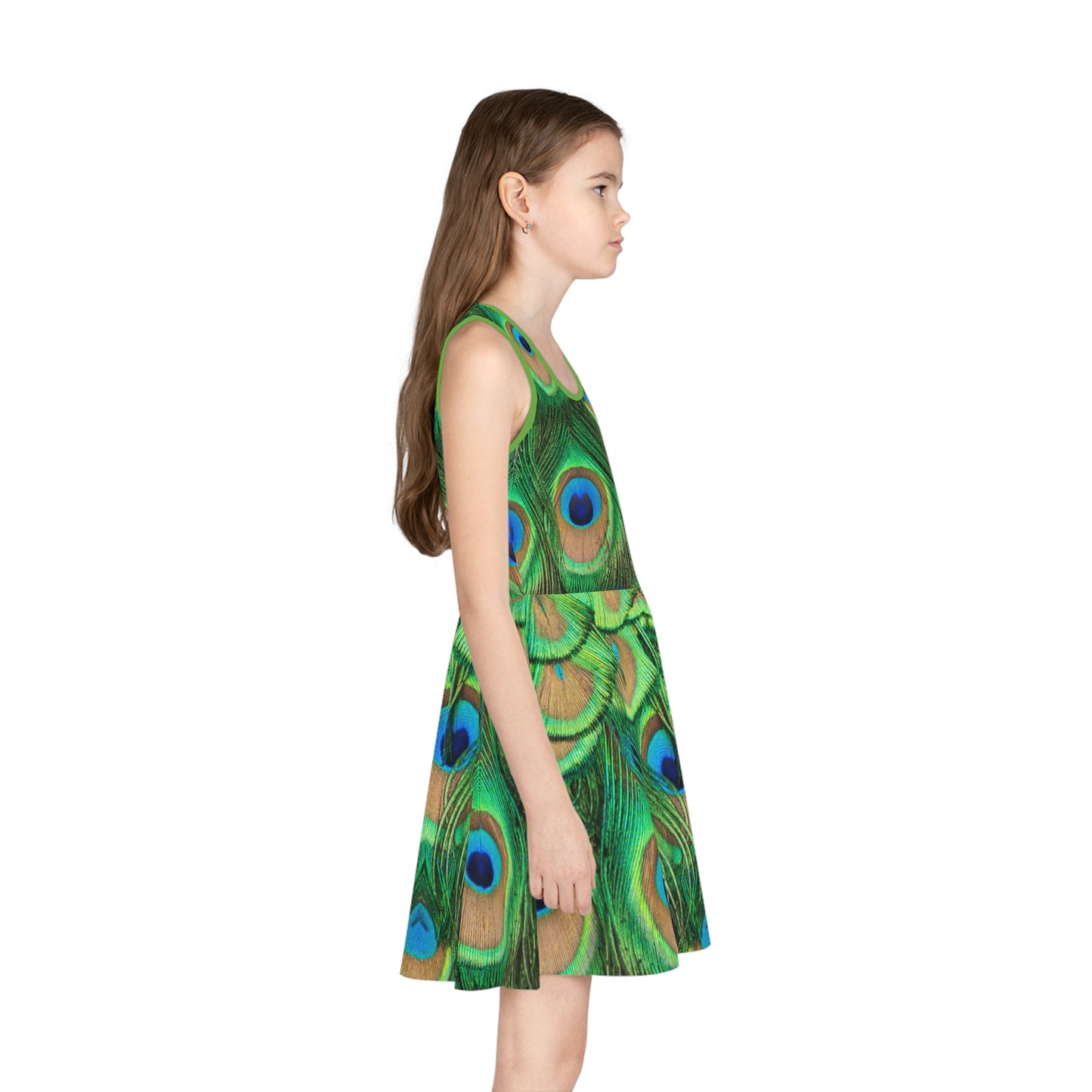 Vibrant Peacock Print Girls' Sleeveless Sundress - Perfect for Summer Parties & Playdates, Cute Peacock Dress for Girls Sizes 2T to XL