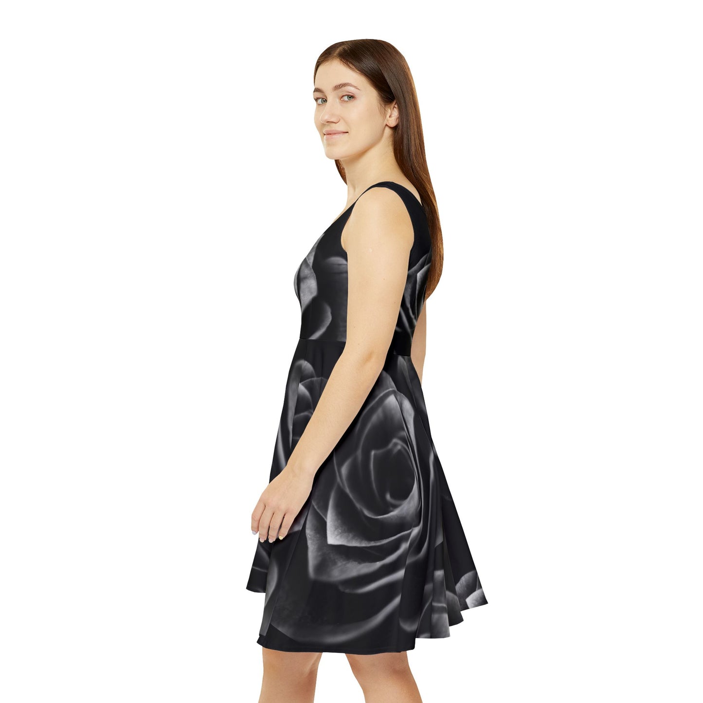 Women's Black Rose Print Skater Dress, Black T-Shirt Skater Dress for Women, Cute Black Skater Dress for Women