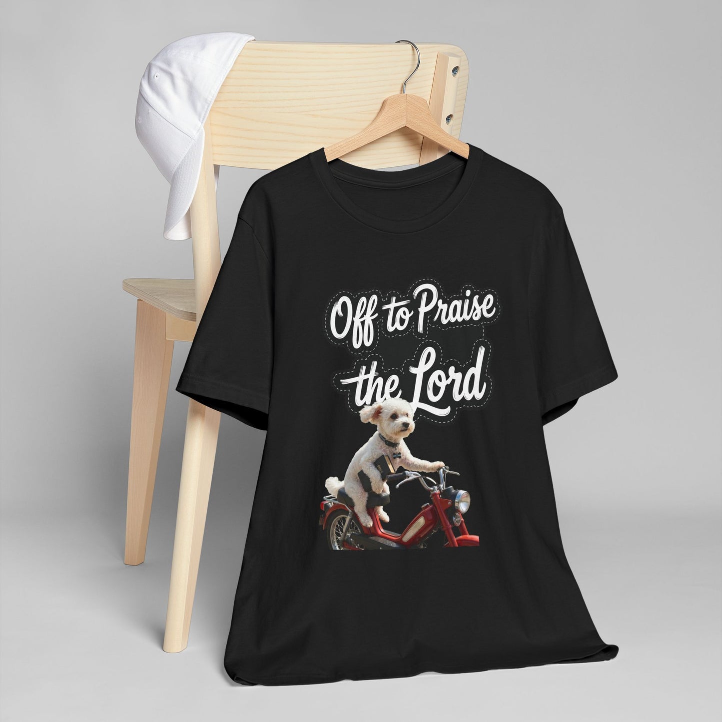 Personalized T-Shirt — "Off to Praise the Lord" Dog on Motorcycle Graphic