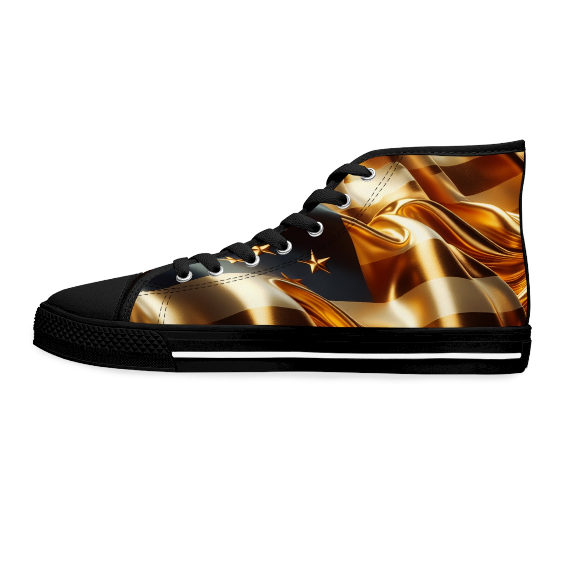 Patriotic High-Top Sneakers, Stylish Sneakers for Women, Gold Americana Footwear, Women Festival Shoes, Perfect for Summer Events