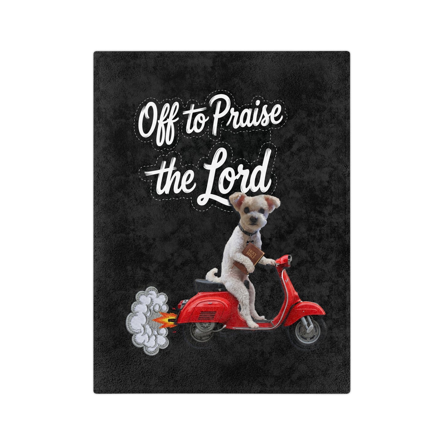 Custom Off to Praise the Lord Velveteen Microfiber Blanket — Christian Dog on Red Scooter