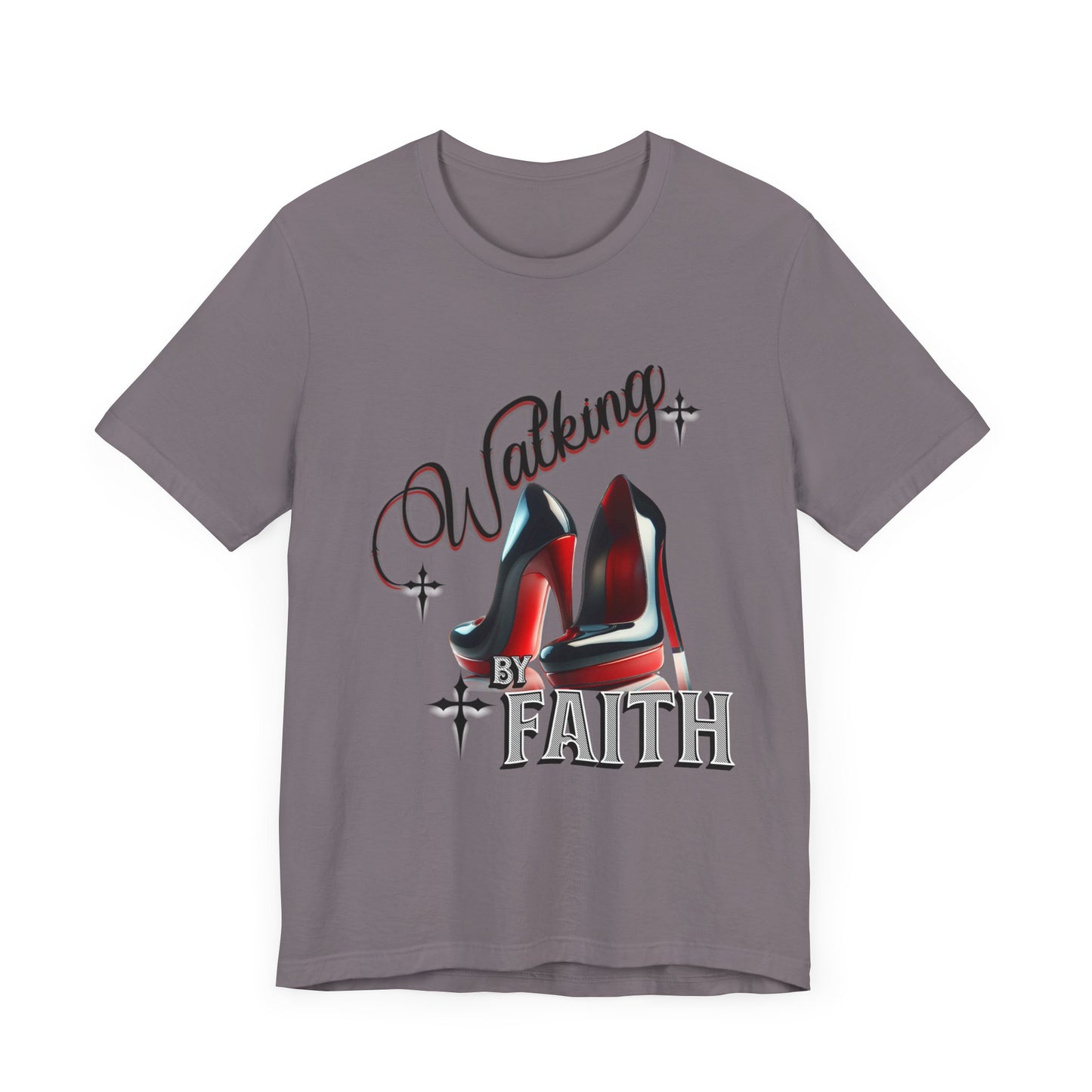 Walking by Faith Graphic Tee, Inspirational Unisex Jersey Short Sleeve T-Shirt, Faithful Footsteps in Red Bottom Shoes, Louboutin Shoe Graphic Religious Tee