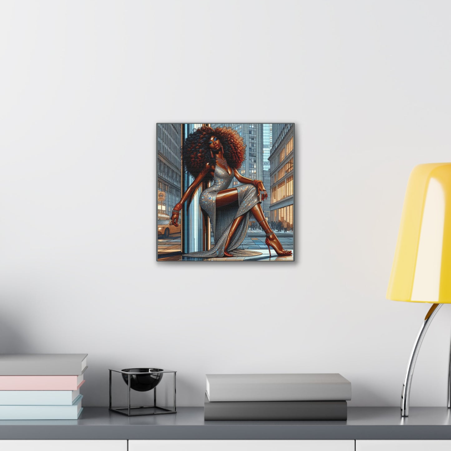 Chic Urban Canvas Art - Glamorous Fashionista Wall Decor, Black Art Collection, Beautiful Black Woman Posing Silver and Gray Canvas Art