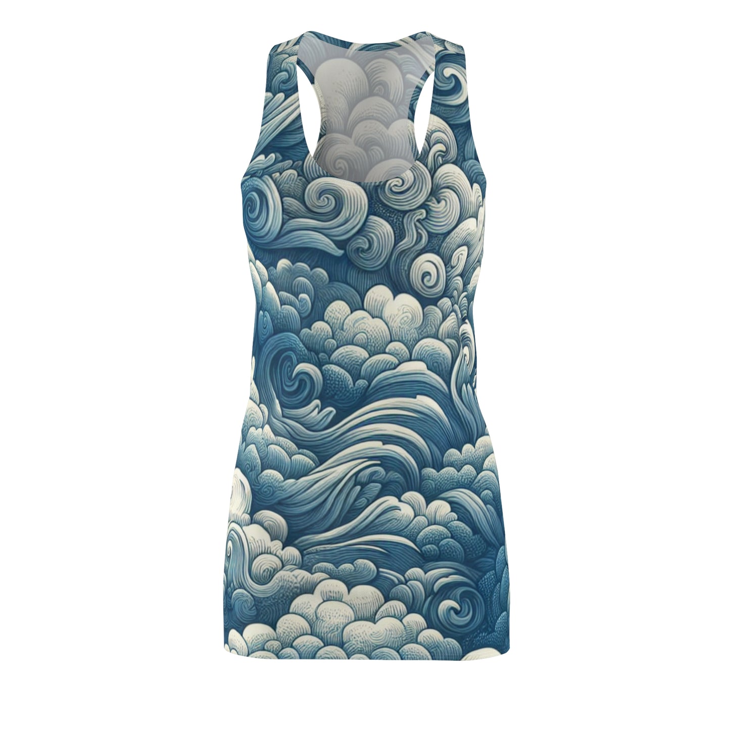 Ocean Wave Print Racerback Dress - Summer Casual Attire, Beach Cover-Up, Vacation Outfit, Boho Chic Dress, Festival Wear