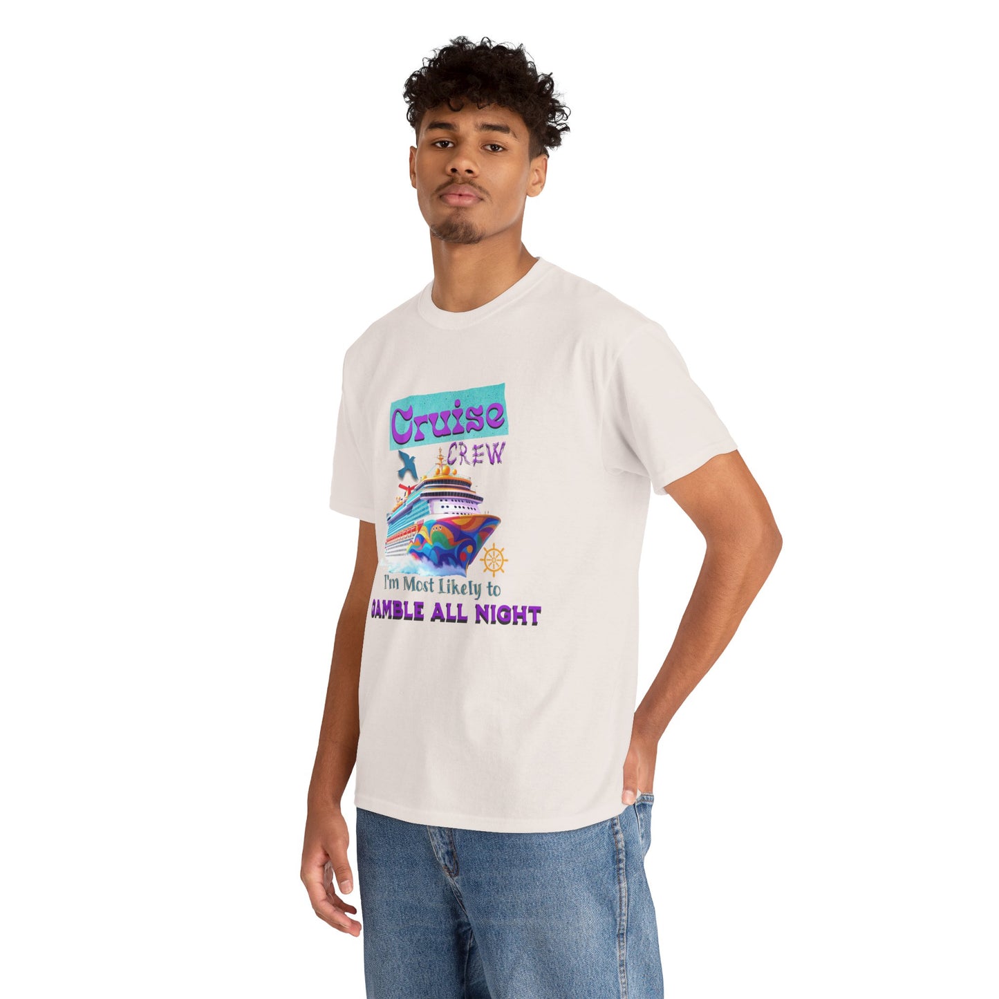 Cruise Crew Heavy Cotton Tee - Gamble All Night, Vacation Shirt, Cruise Wear, Fun Travel Outfit, Summer Party Top, Gambler's T-Shirt