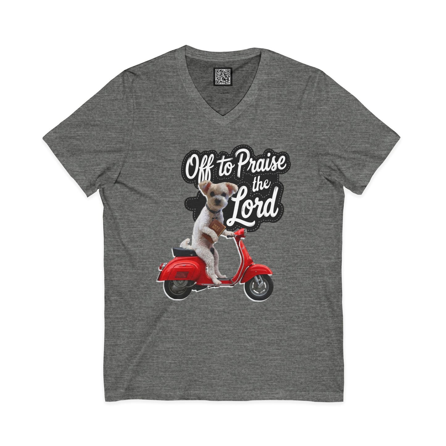 Personalized Dog on Scooter V-Neck Tee - "Off to Praise the Lord"