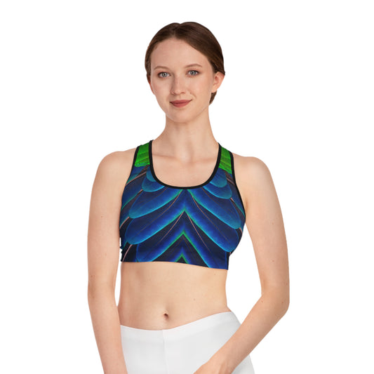 Vibrant Peacock Feather Print Sports Bra for Active Women, Cute Peacock Print Sports Bra, Matching Leggings Sold Separately