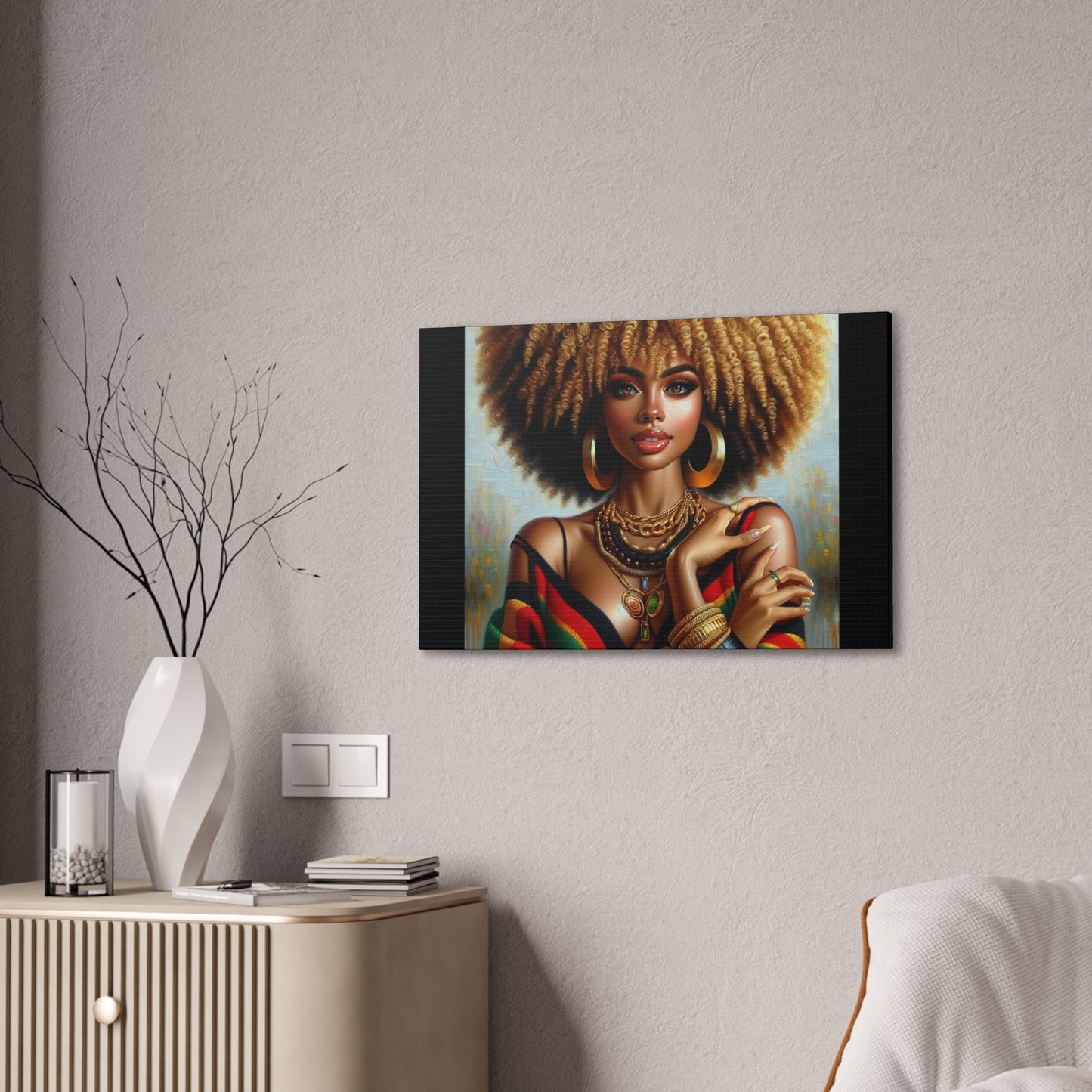 Stretched Canvas Art Print – Afrocentric Portrait, Black Woman Confidence Canvas Art in Afrocentric Colors, 92 % Women Merchandise