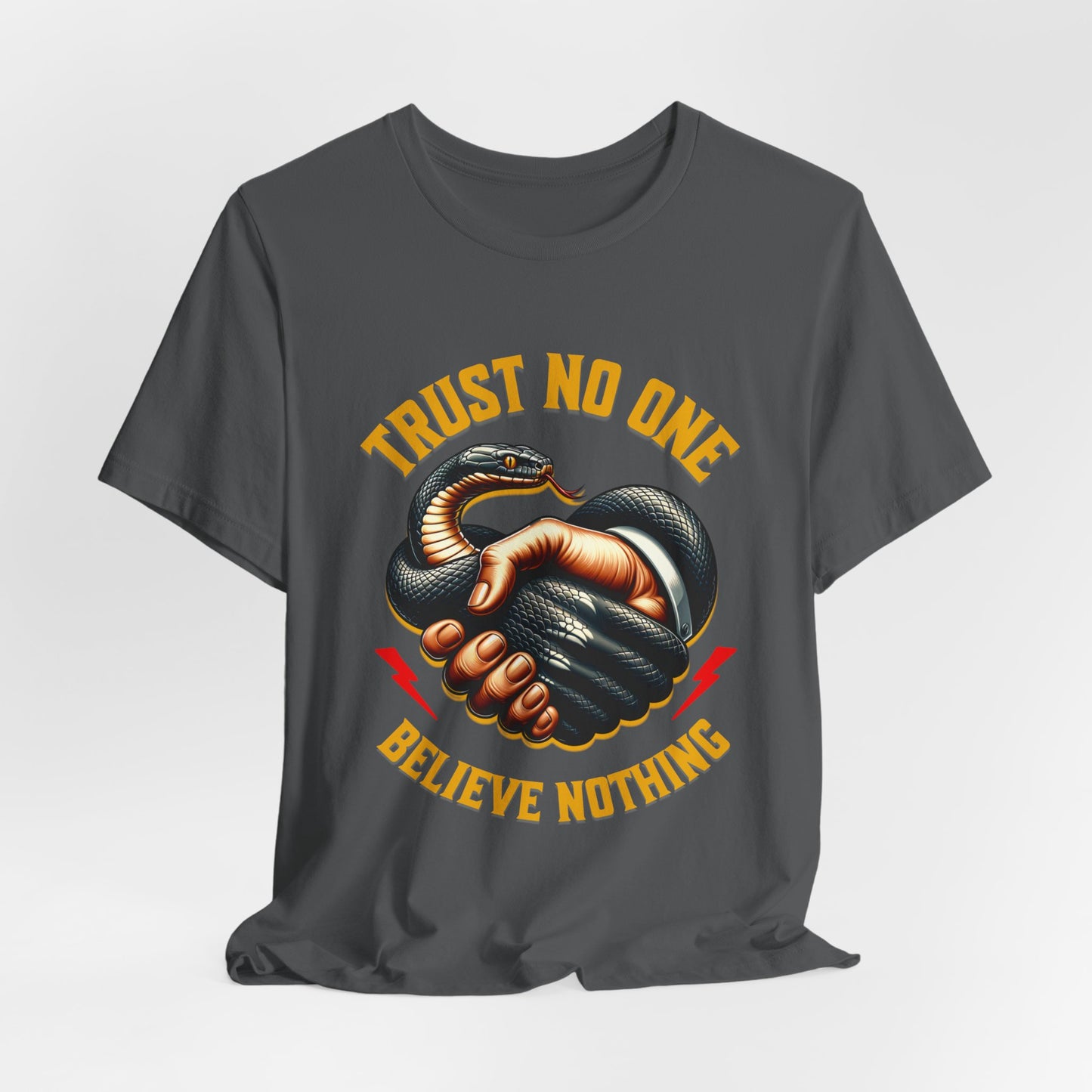 Trust No One, Bold Snake Handshake Design, Unisex Democracy T-Shirts, Goth Snake Image Shirt, Snake Image Shirt for Snake Lovers
