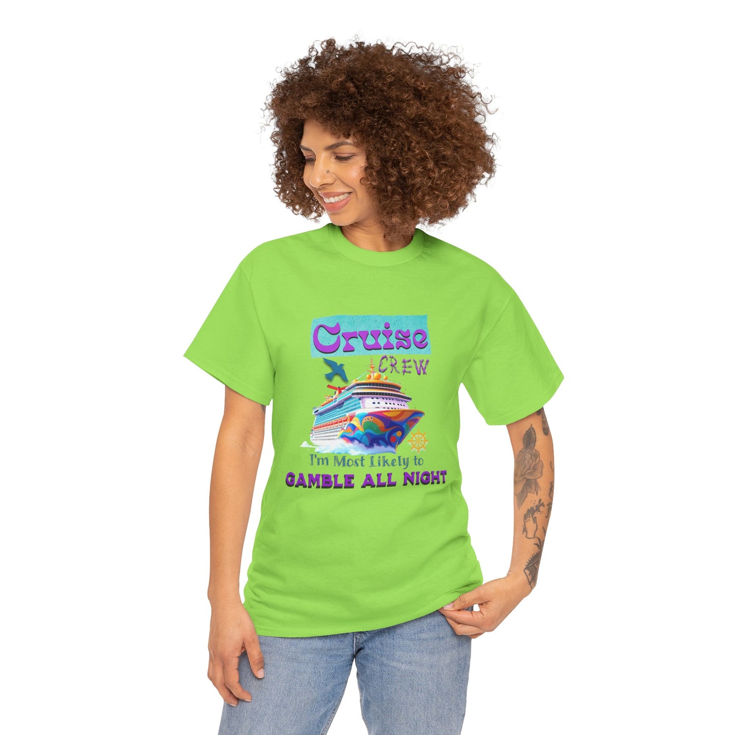 Cruise Crew Heavy Cotton Tee - Gamble All Night, Vacation Shirt, Cruise Wear, Fun Travel Outfit, Summer Party Top, Gambler's T-Shirt