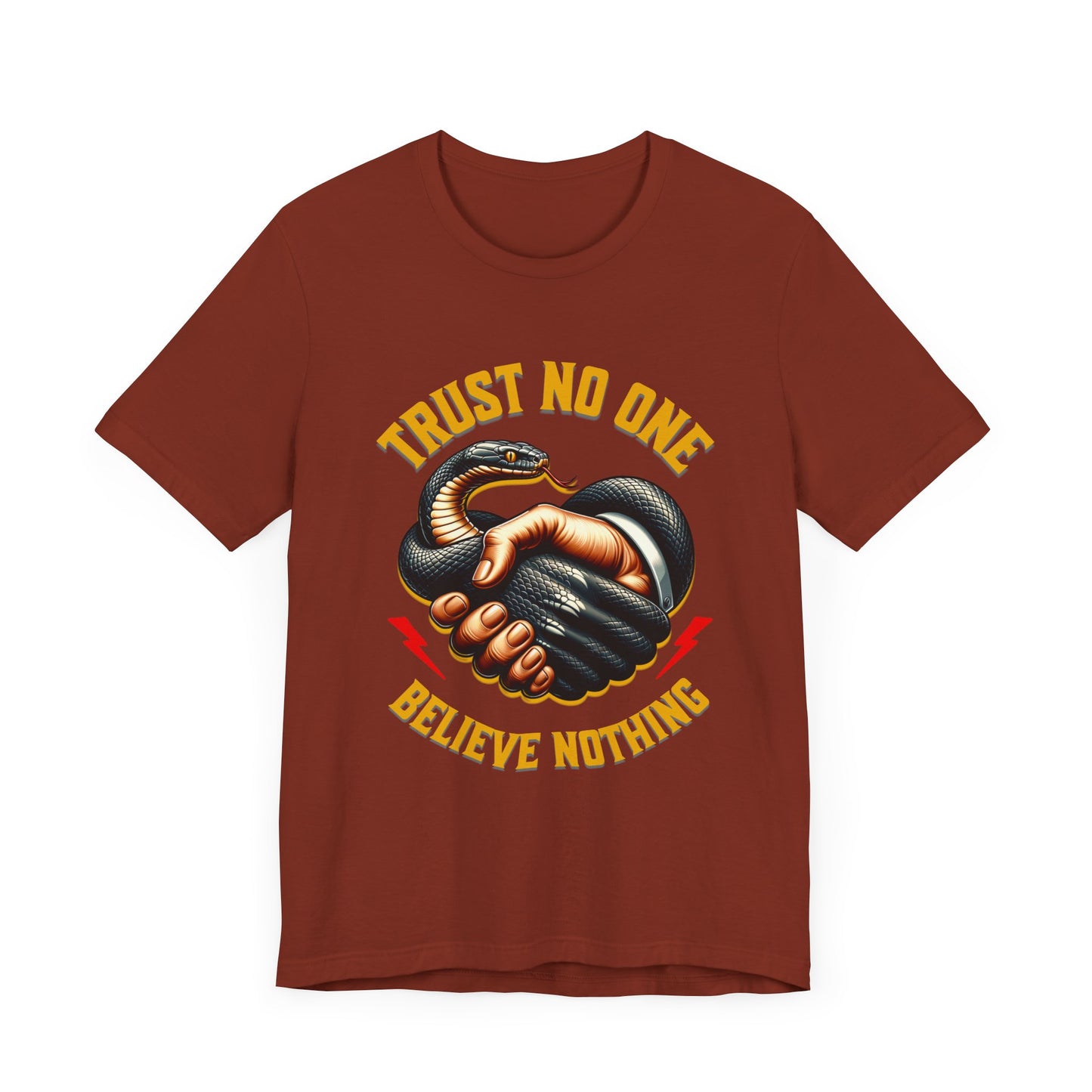 Trust No One, Bold Snake Handshake Design, Unisex Democracy T-Shirts, Goth Snake Image Shirt, Snake Image Shirt for Snake Lovers