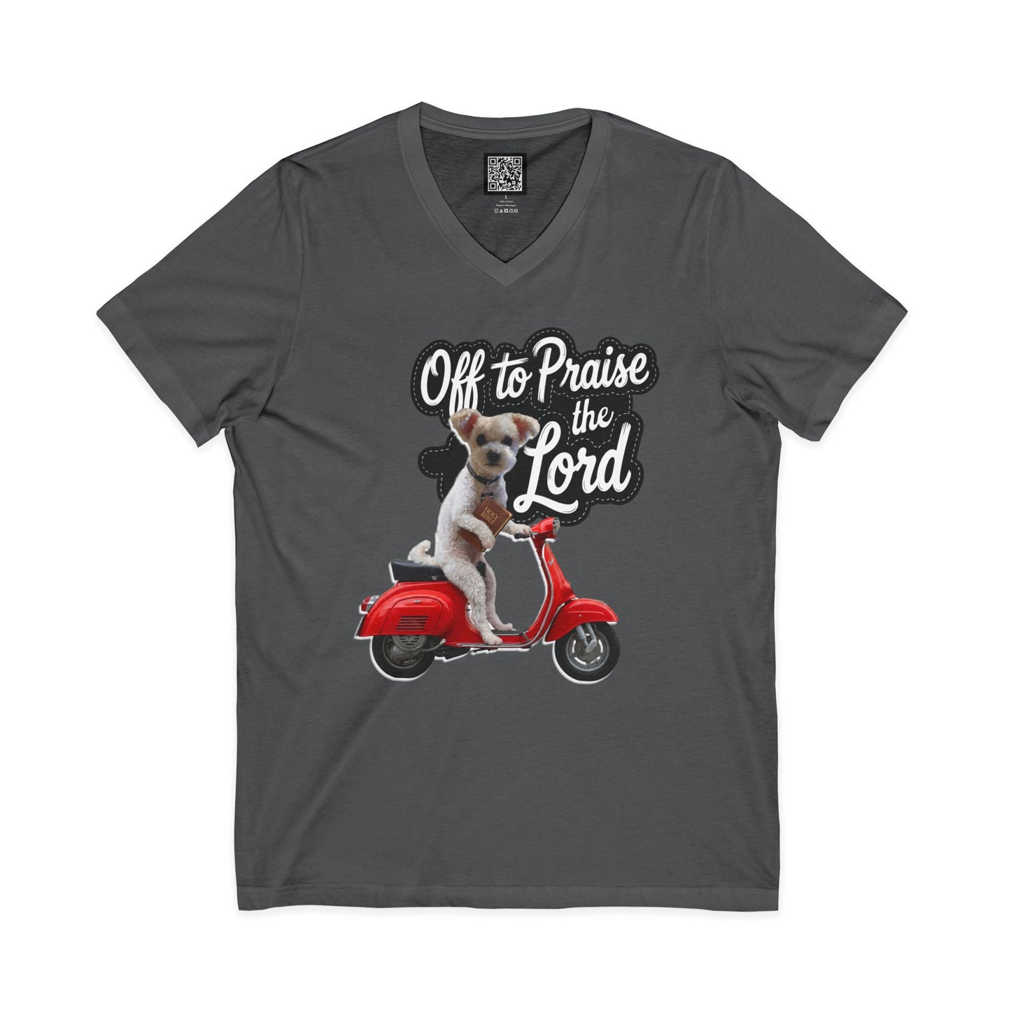 Personalized Dog on Scooter V-Neck Tee - "Off to Praise the Lord"