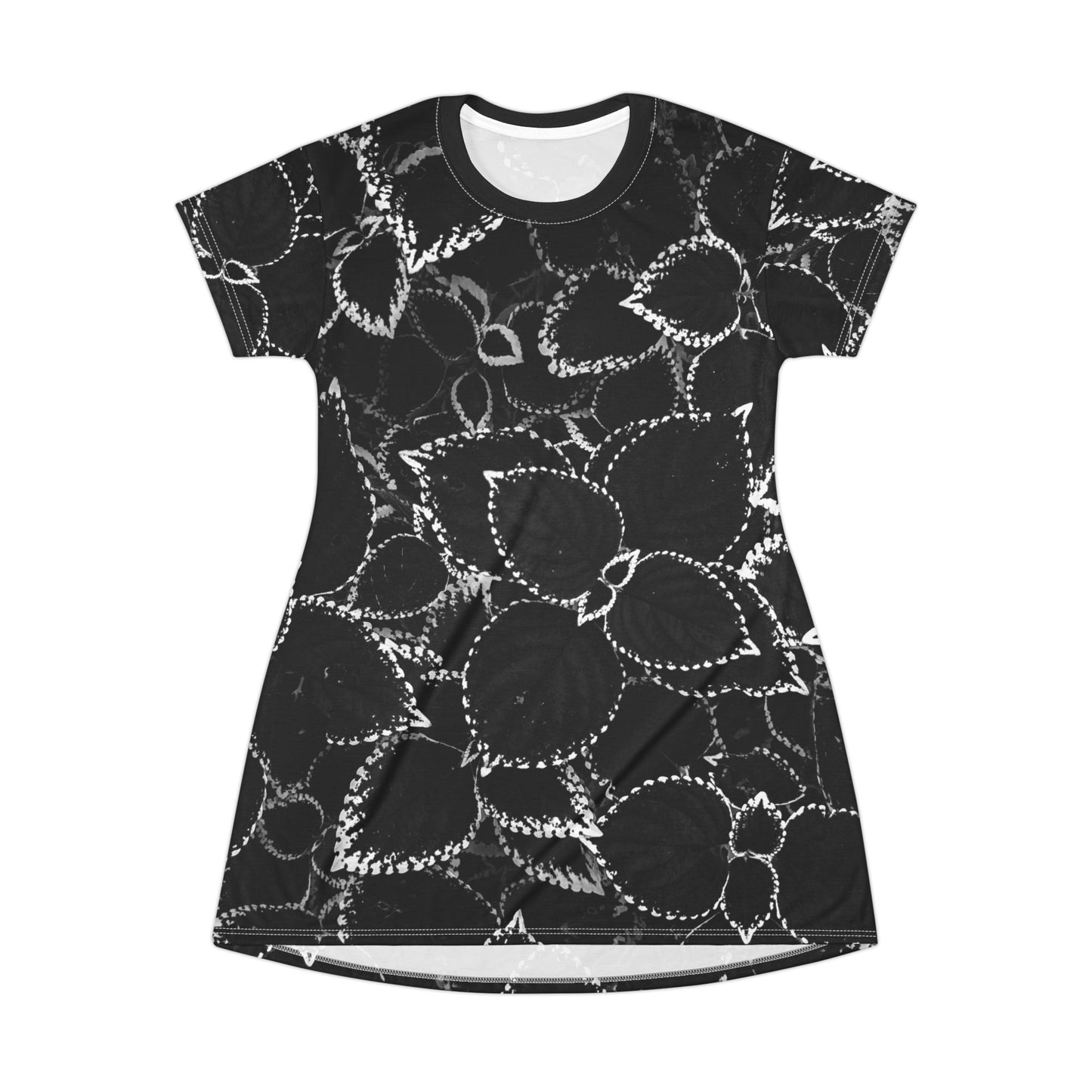 Black Leaf Print T-Shirt Dress, Cute T-Shirt Dress for Women, Black and White T-Shirt Dress, Semi-Casual Dress for Any Occasion