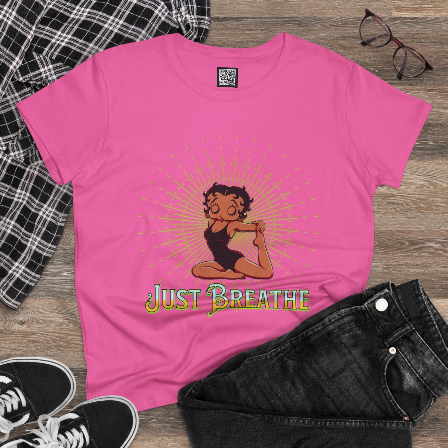 Just Breathe Betty Boop Women's Yoga Tee - Midweight Cotton Shirt for Relaxation and Mindfulness, Betty Boop Just Breathe T-Shirts