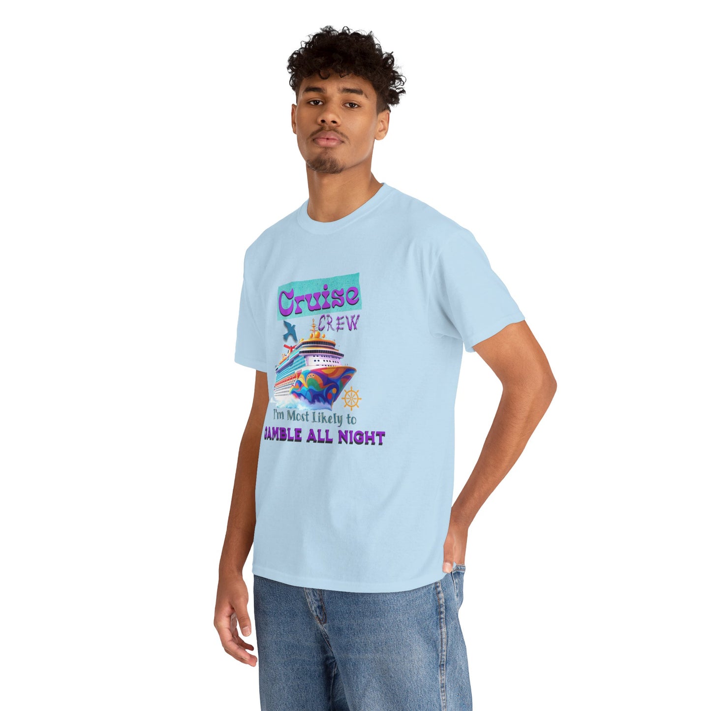 Cruise Crew Heavy Cotton Tee - Gamble All Night, Vacation Shirt, Cruise Wear, Fun Travel Outfit, Summer Party Top, Gambler's T-Shirt