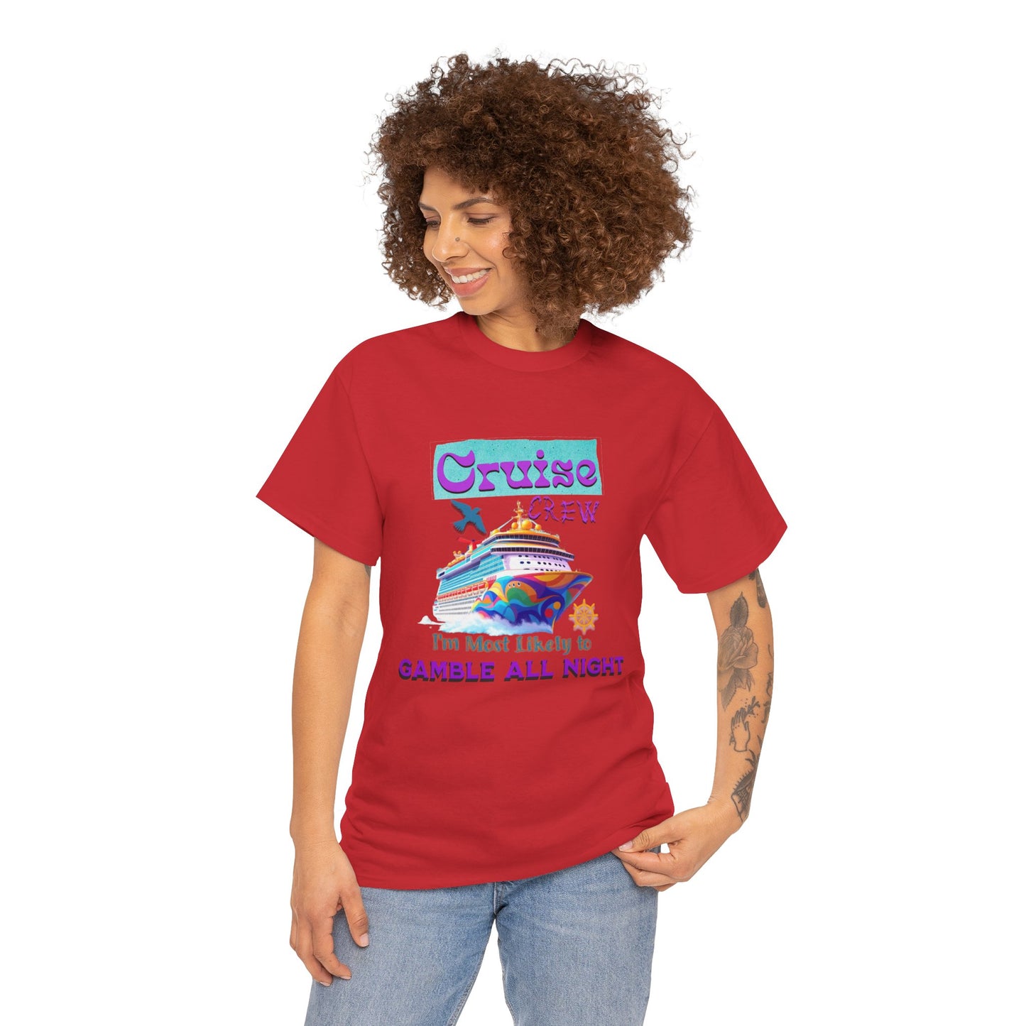 Cruise Crew Heavy Cotton Tee - Gamble All Night, Vacation Shirt, Cruise Wear, Fun Travel Outfit, Summer Party Top, Gambler's T-Shirt