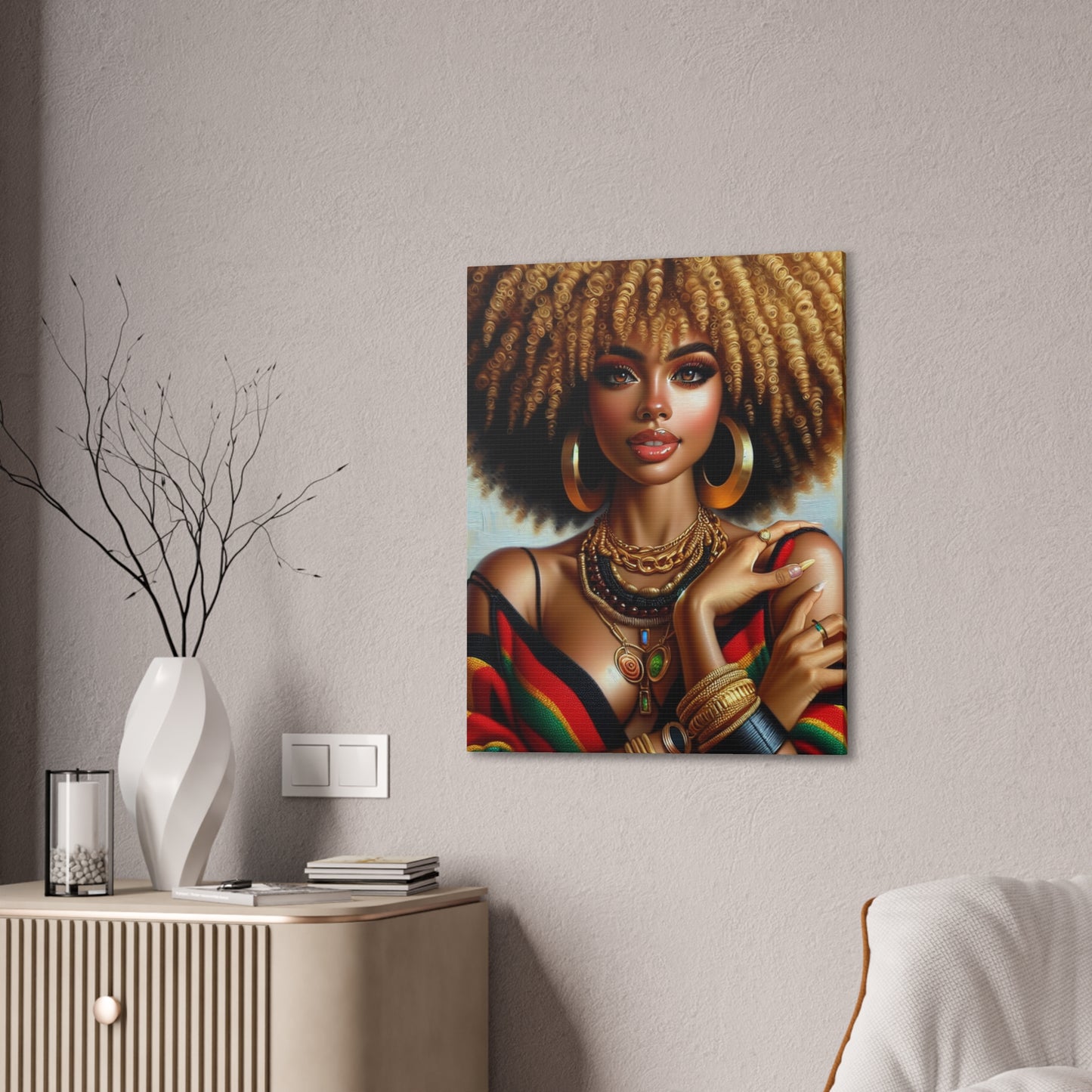 Vibrant Afrocentric Canvas Art, Fine Black Art Print, Beautiful Black Woman in Afrocentric Colors Canvas Photo,
