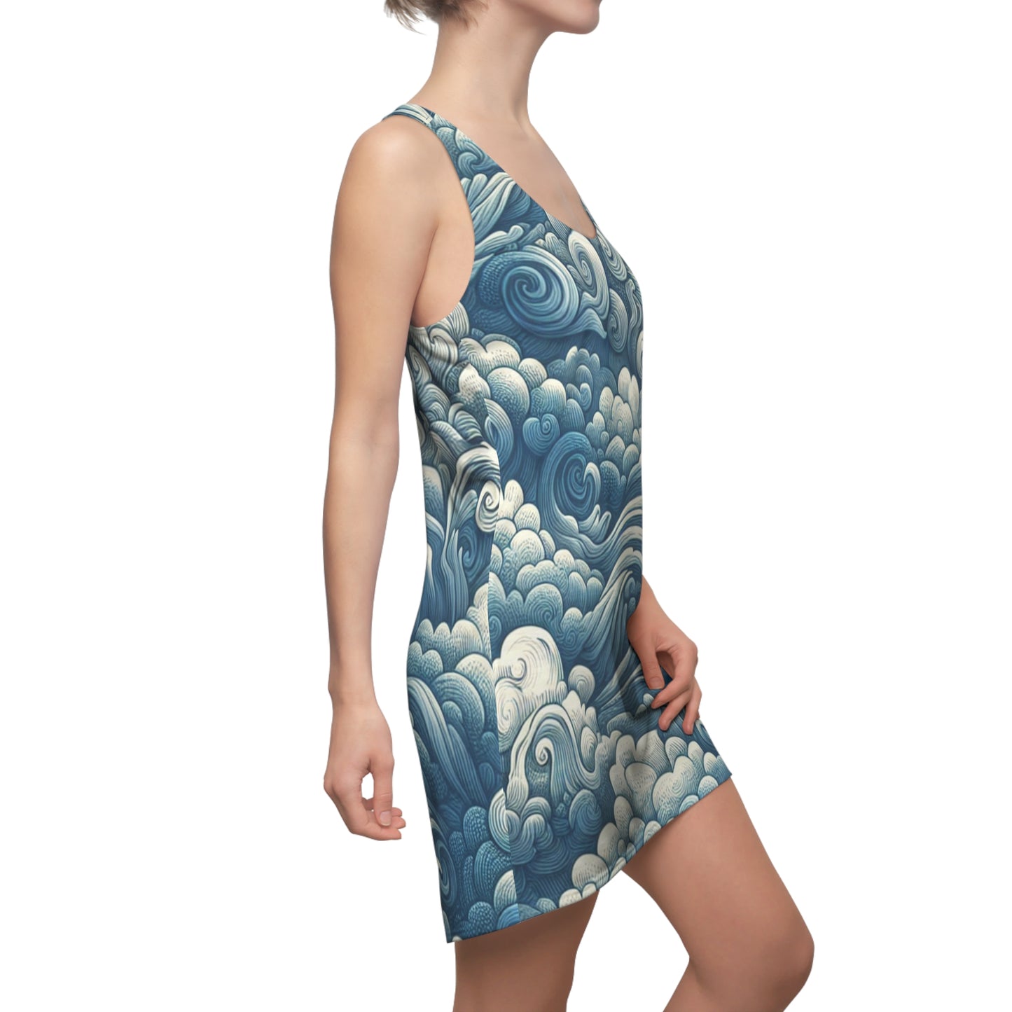Ocean Wave Print Racerback Dress - Summer Casual Attire, Beach Cover-Up, Vacation Outfit, Boho Chic Dress, Festival Wear