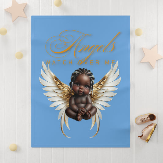 Angels Watch Over Me Baby Blanket - Soft Fleece Nursery Décor, Beautiful Baby Shoer Gift, Black Angel Baby Blanket, Light Blue Baby Shower Gifts