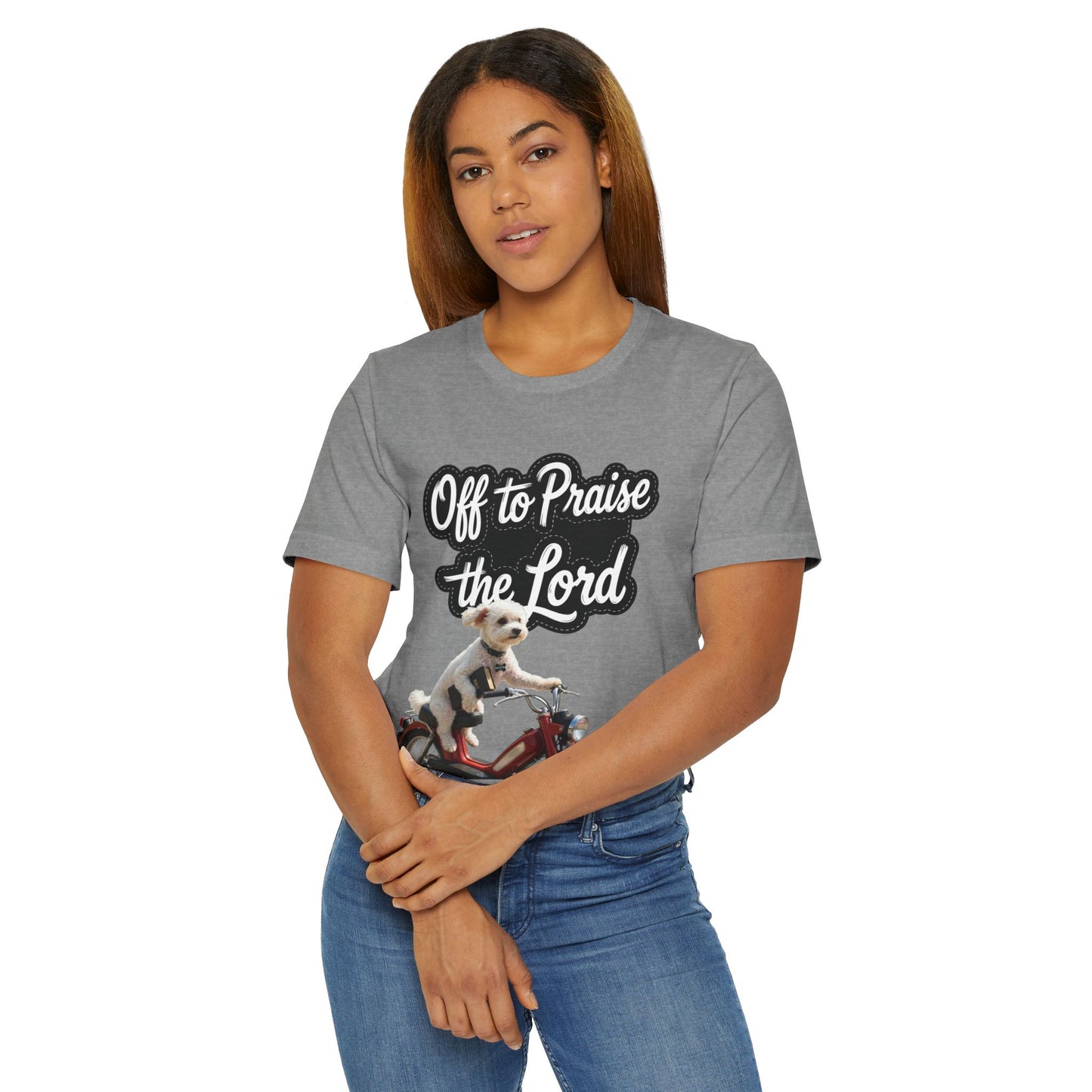 Personalized T-Shirt — "Off to Praise the Lord" Dog on Motorcycle Graphic