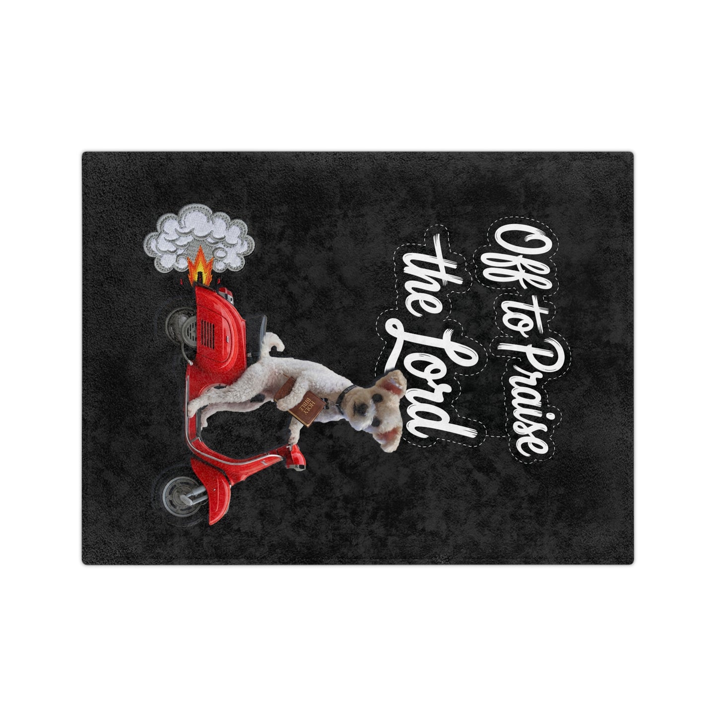 Custom Off to Praise the Lord Velveteen Microfiber Blanket — Christian Dog on Red Scooter