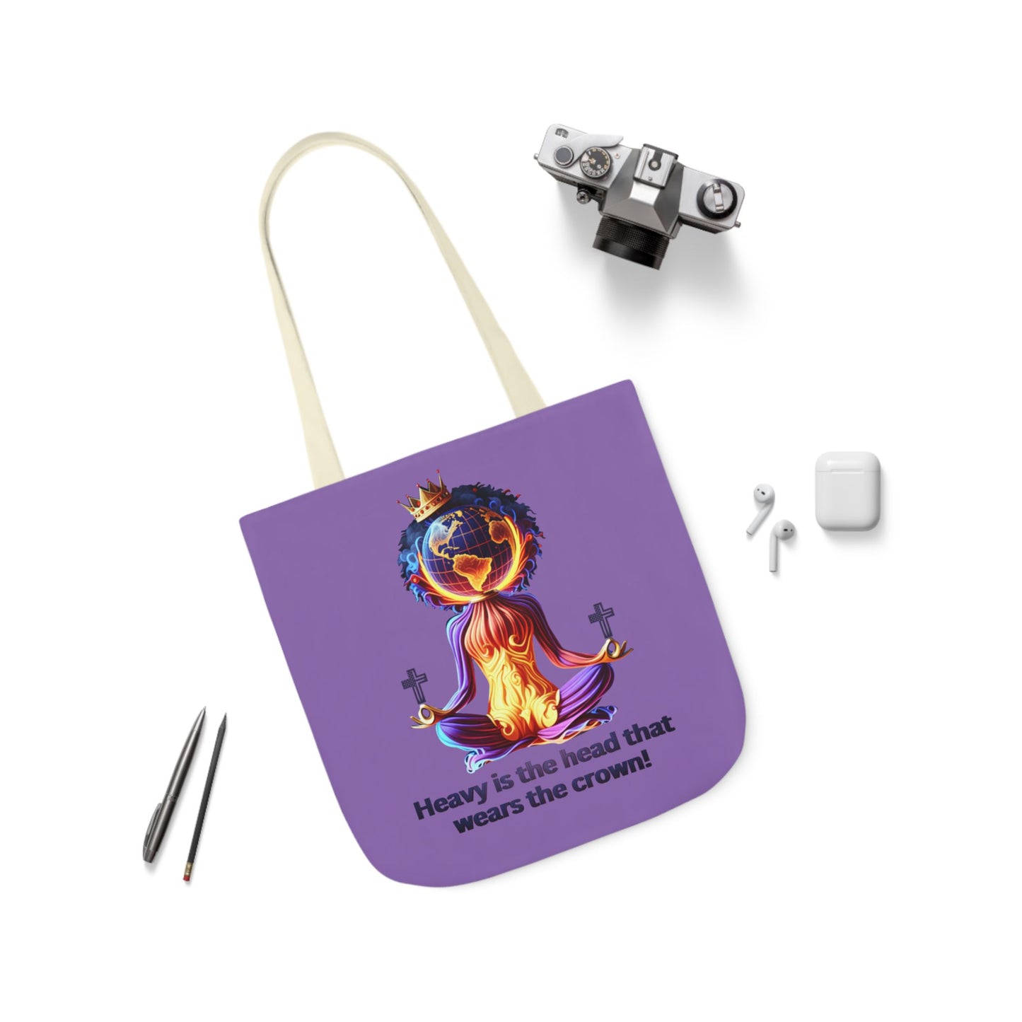 "Heavy is the Head" Canvas Tote Bag, 5-Color Straps, Purple Tote Bag for Women, Purple Inspirational Tote Bag for Women, Tote Bag Gift for Women