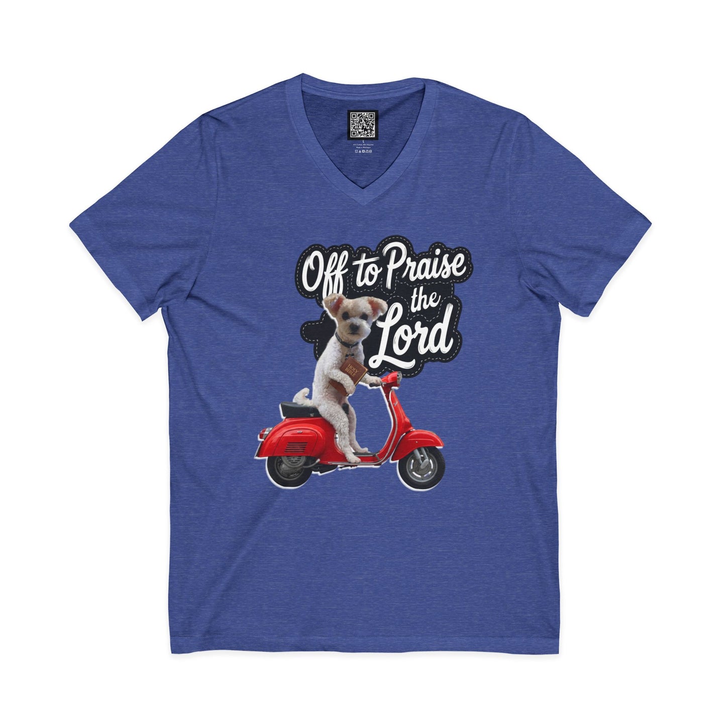Personalized Dog on Scooter V-Neck Tee - "Off to Praise the Lord"
