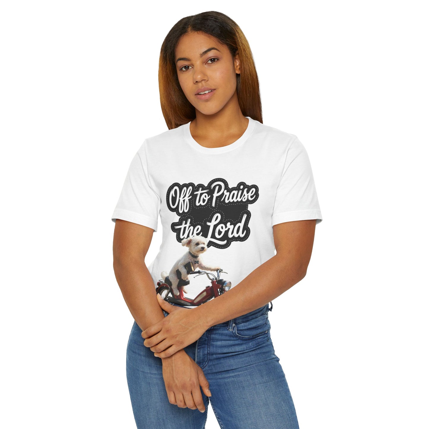 Personalized T-Shirt — "Off to Praise the Lord" Dog on Motorcycle Graphic