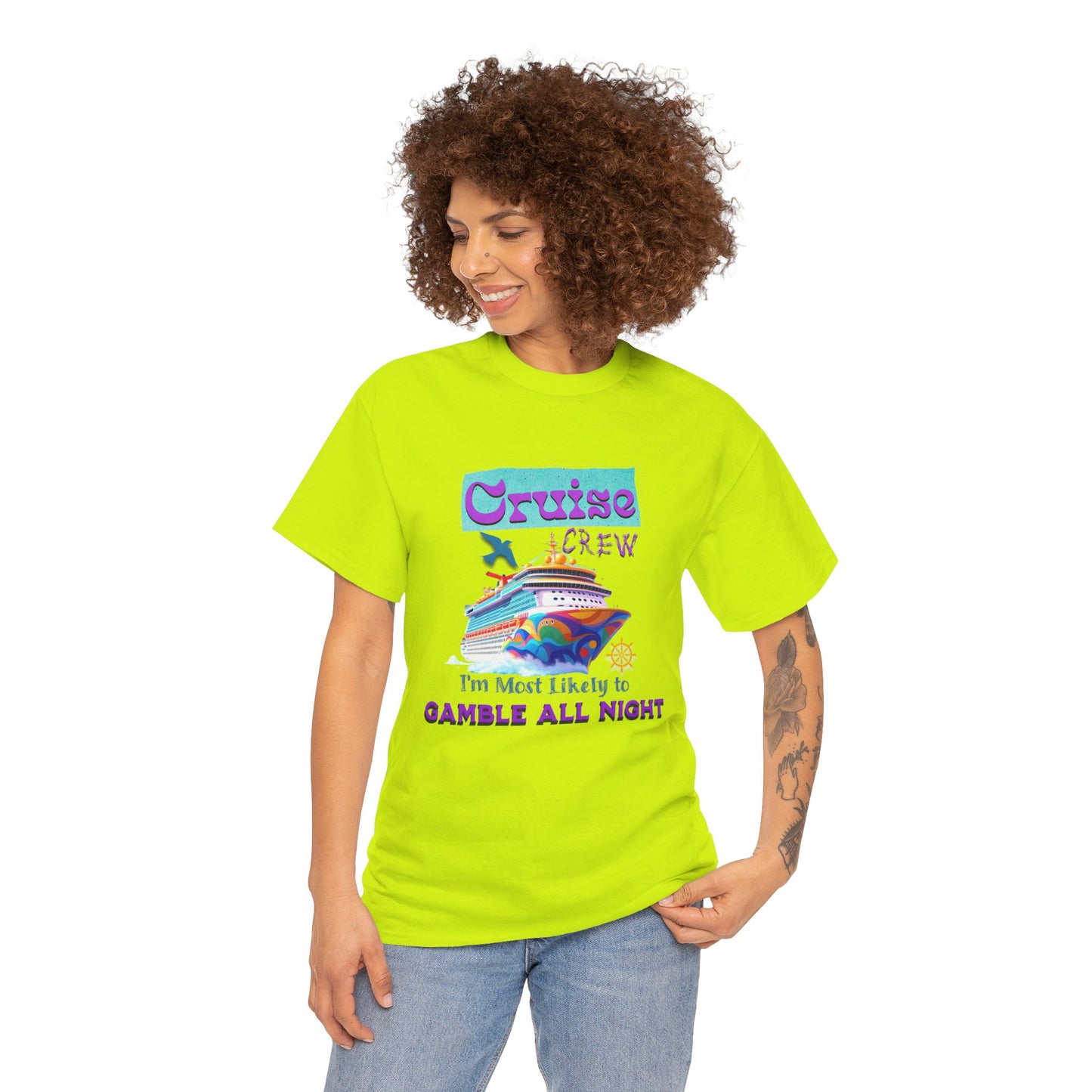 Cruise Crew Heavy Cotton Tee - Gamble All Night, Vacation Shirt, Cruise Wear, Fun Travel Outfit, Summer Party Top, Gambler's T-Shirt