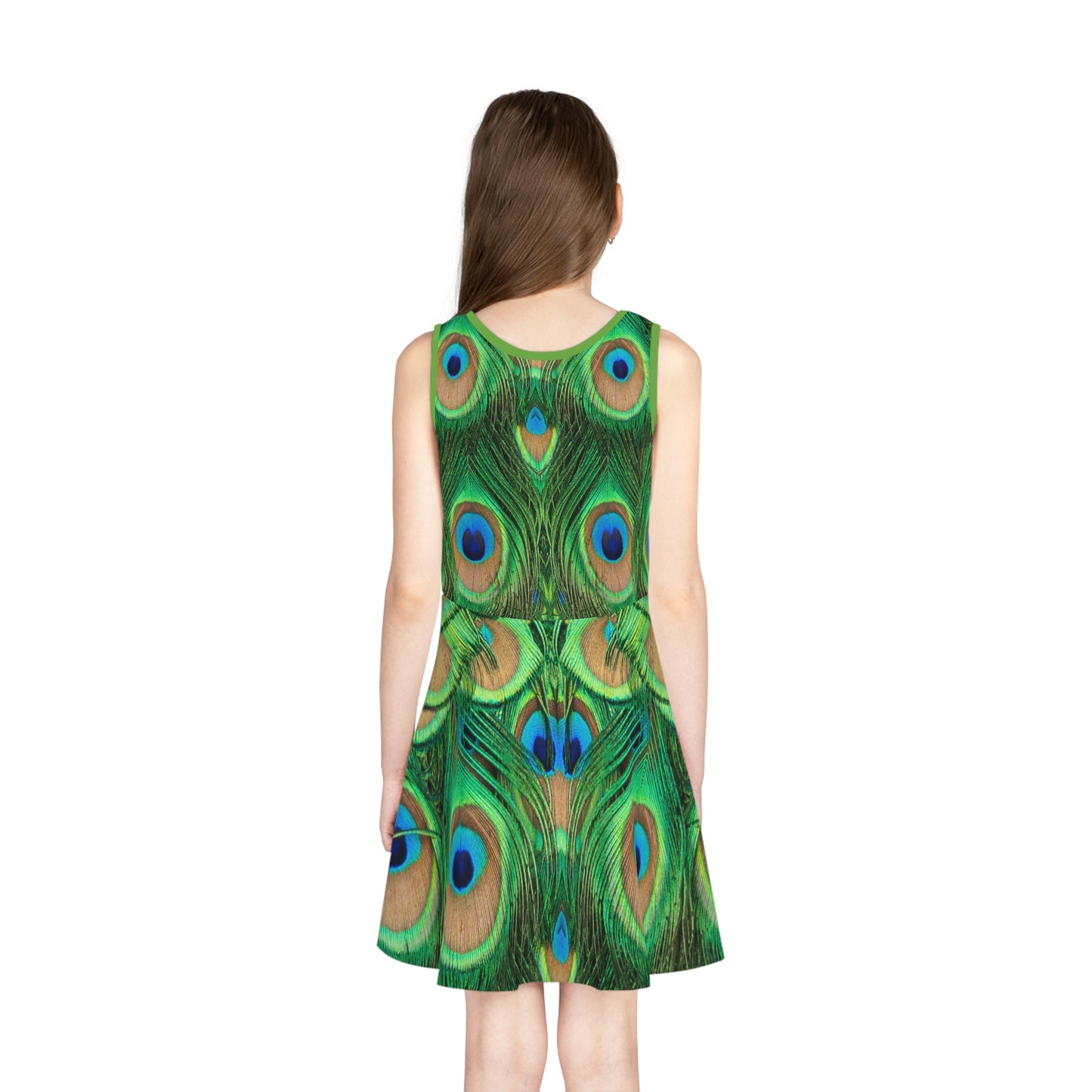 Vibrant Peacock Print Girls' Sleeveless Sundress - Perfect for Summer Parties & Playdates, Cute Peacock Dress for Girls Sizes 2T to XL