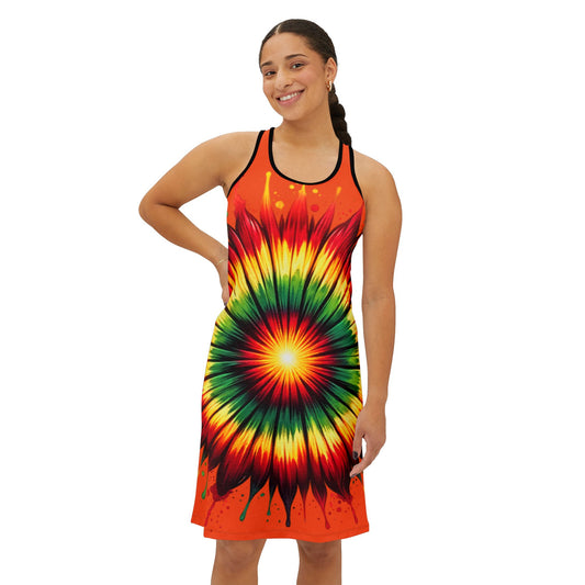 Vibrant Tie-Dye Racerback Dress, Summer Fashion, Beach Cover-Up, Festival Outfit, Boho Style Dress, Unique Gift Idea, Juneteenth Dress