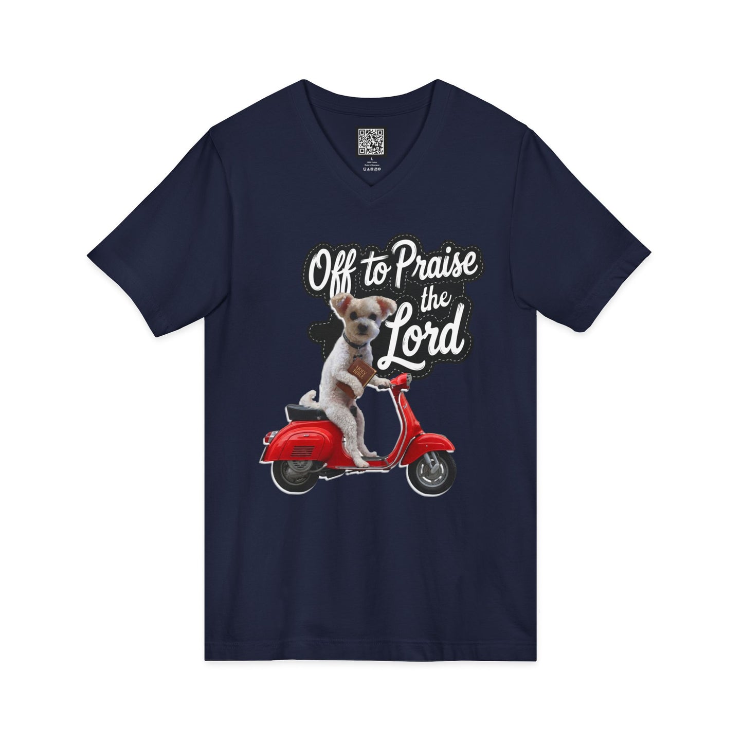 Personalized Dog on Scooter V-Neck Tee - "Off to Praise the Lord"